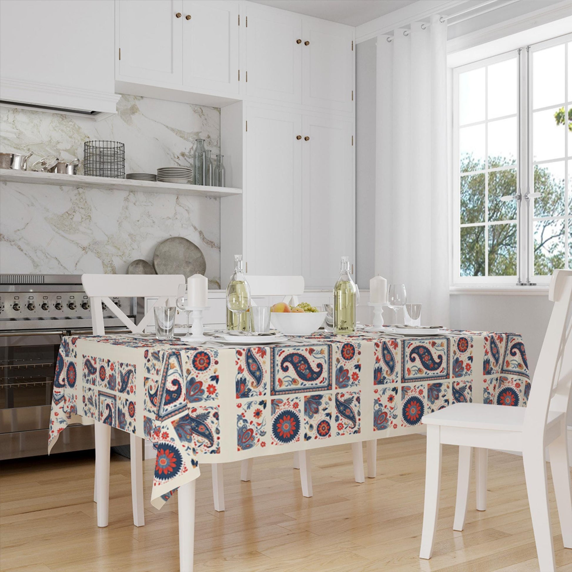Ethnic Authentic Retro Ottoman Turkish Kilim Tradional Figures Border White Background Pattern Tablecloth, Modern Dining Accent Table Cover