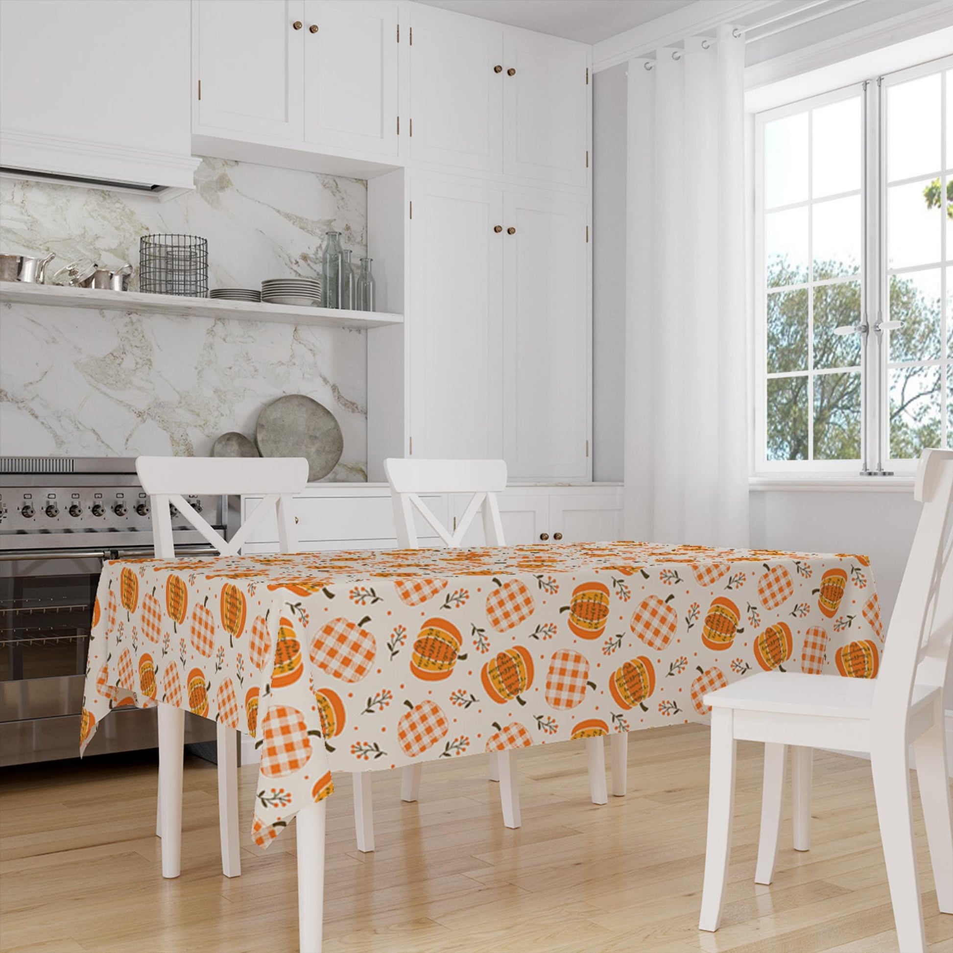 Orange Autumn Pumpkins Vegetables Halloween Figures Border Cream Background Pattern Tablecloth, Modern Dining Accent Table Cover