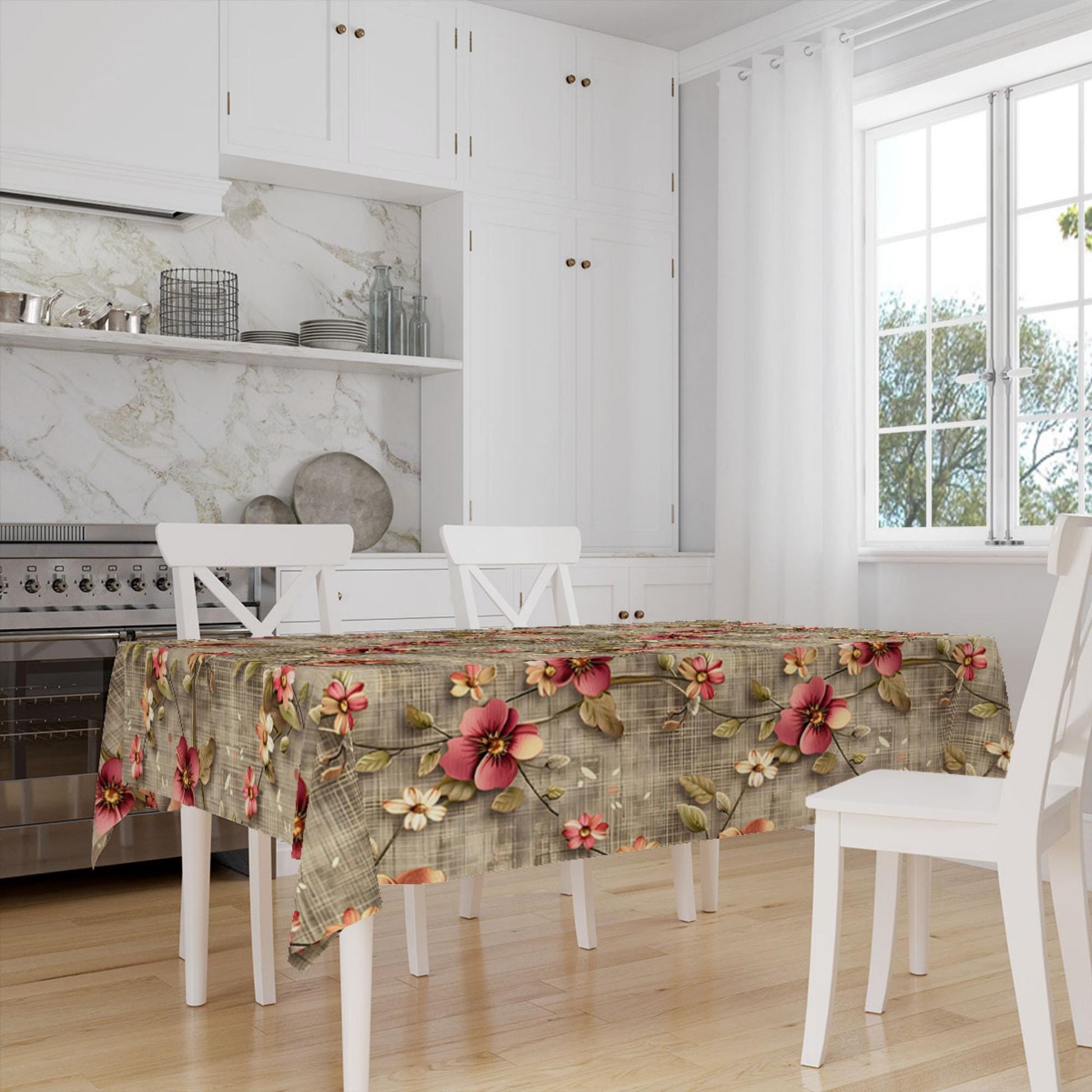 Red Roses Botanical Floral Flowers Branches Brown Background Pattern Tablecloth, Modern Dining Accent Table Cover
