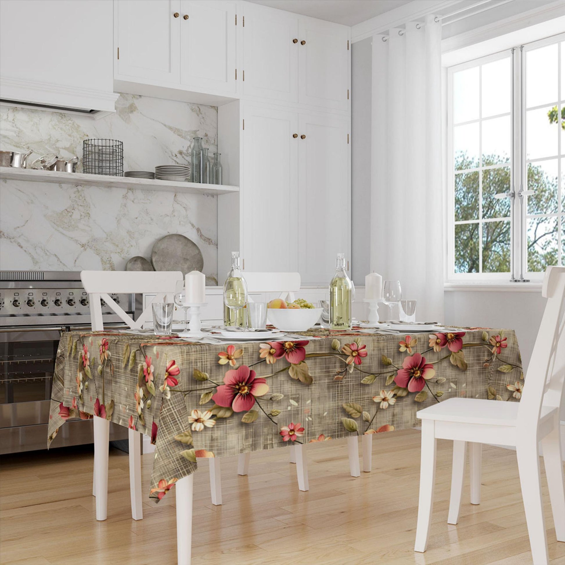 Red Roses Botanical Floral Flowers Branches Brown Background Pattern Tablecloth, Modern Dining Accent Table Cover