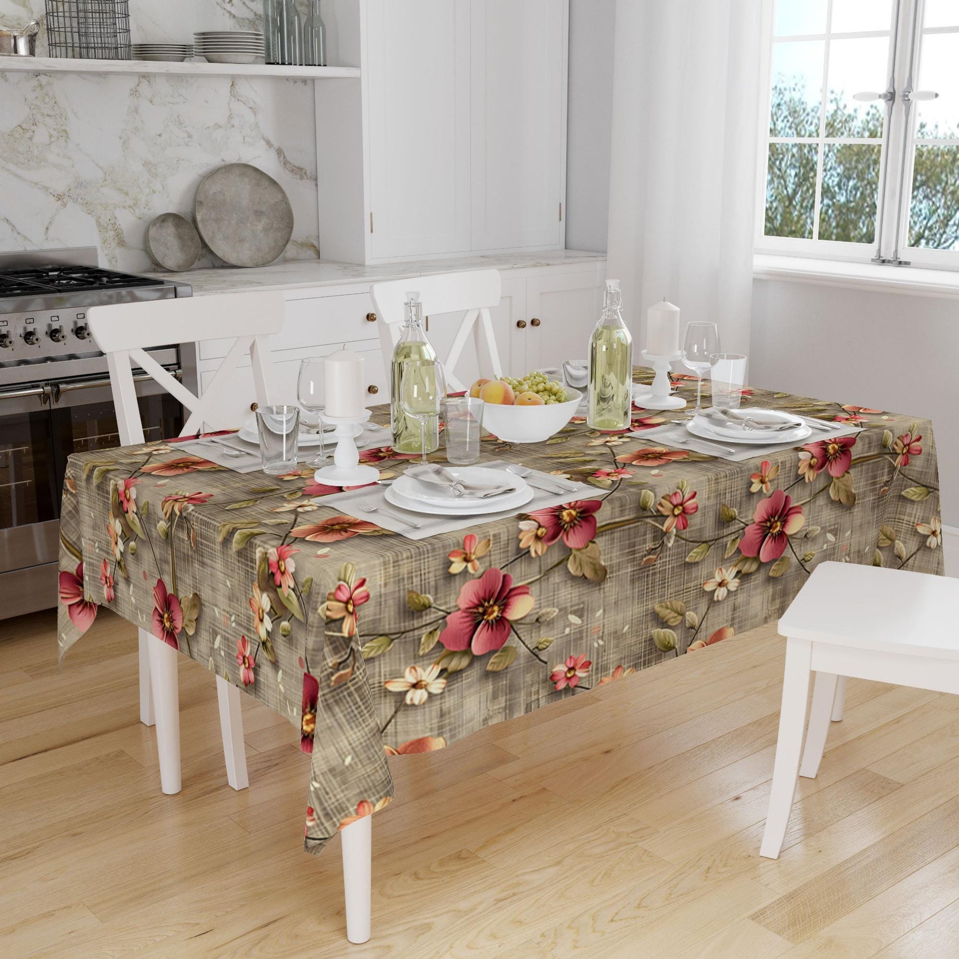 Red Roses Botanical Floral Flowers Branches Brown Background Pattern Tablecloth, Modern Dining Accent Table Cover