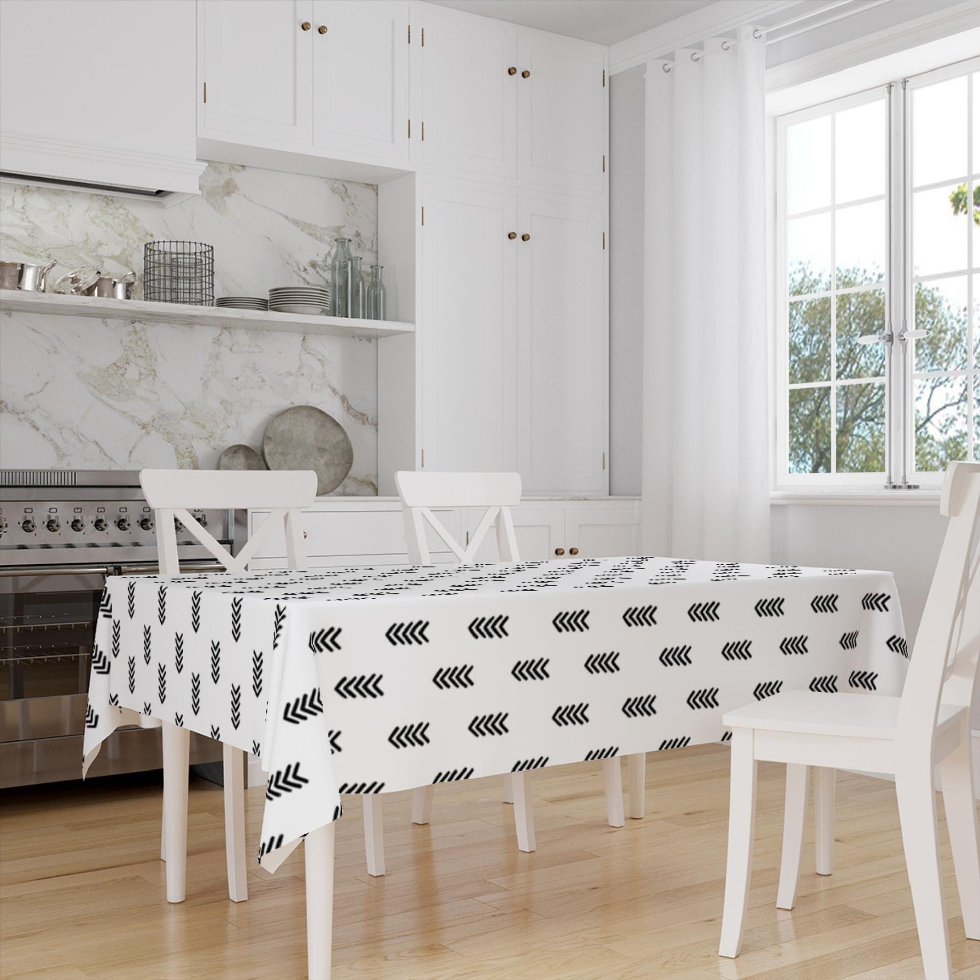 Black White Aztec Arrow Minimal Geometric Pattern Tablecloth, Modern Dining Accent Table Cover, Modern Minimal Home Decor