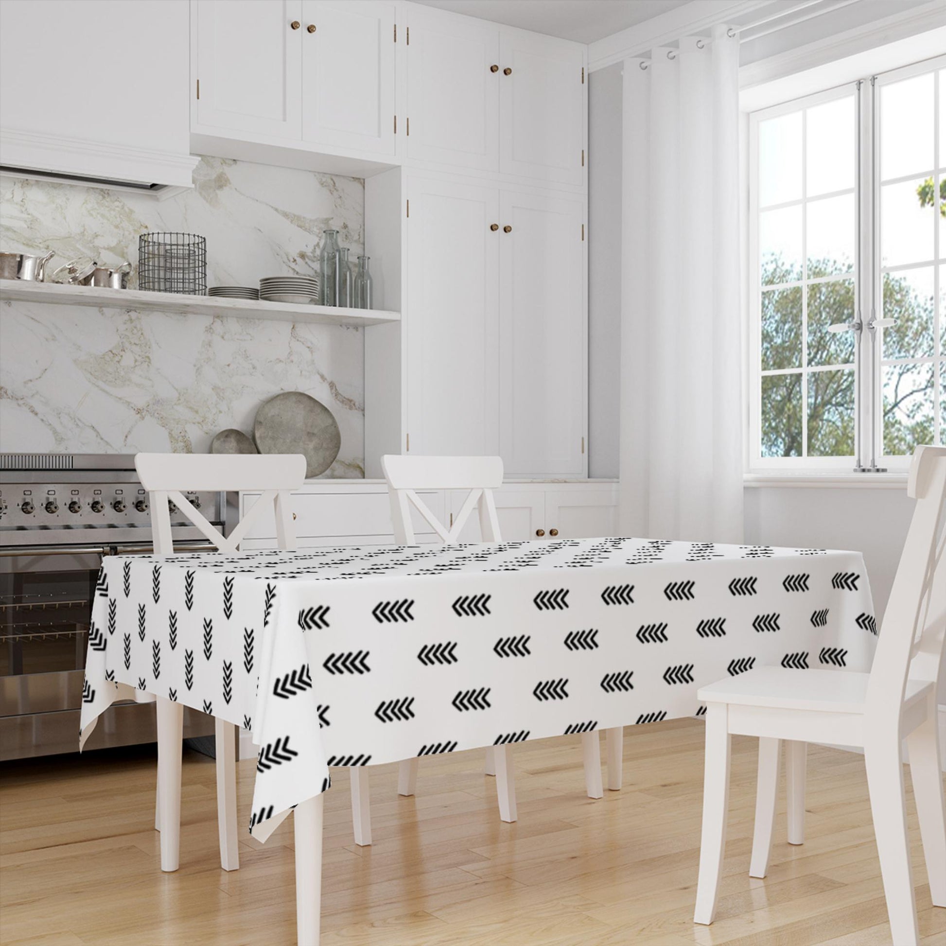 Black White Aztec Arrow Minimal Geometric Pattern Tablecloth, Modern Dining Accent Table Cover, Modern Minimal Home Decor