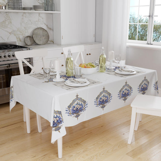 Victorian Blue Floral Flowers Botanical Pattern White Background Tablecloth, Modern Dining Accent Table Cover, Modern Kitchen Home Decor