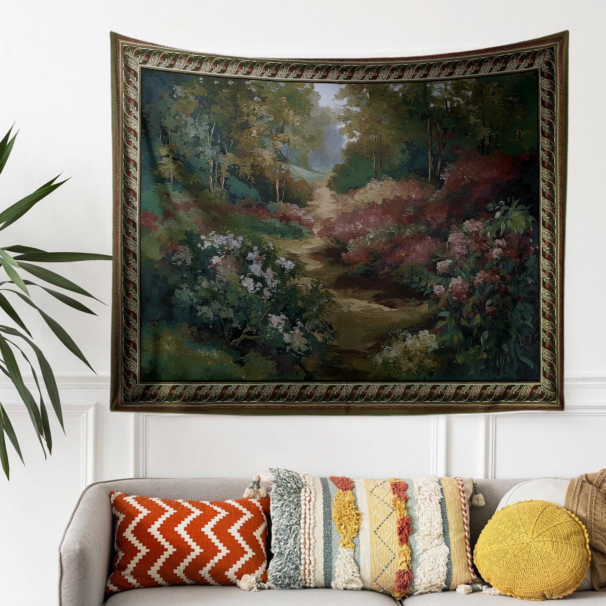 Vintage French Garden Botanical Tapestry Verdure Wall Hanging with Château Garden, Moody Dark Cottagecore Decor for Bedroom and Living Room