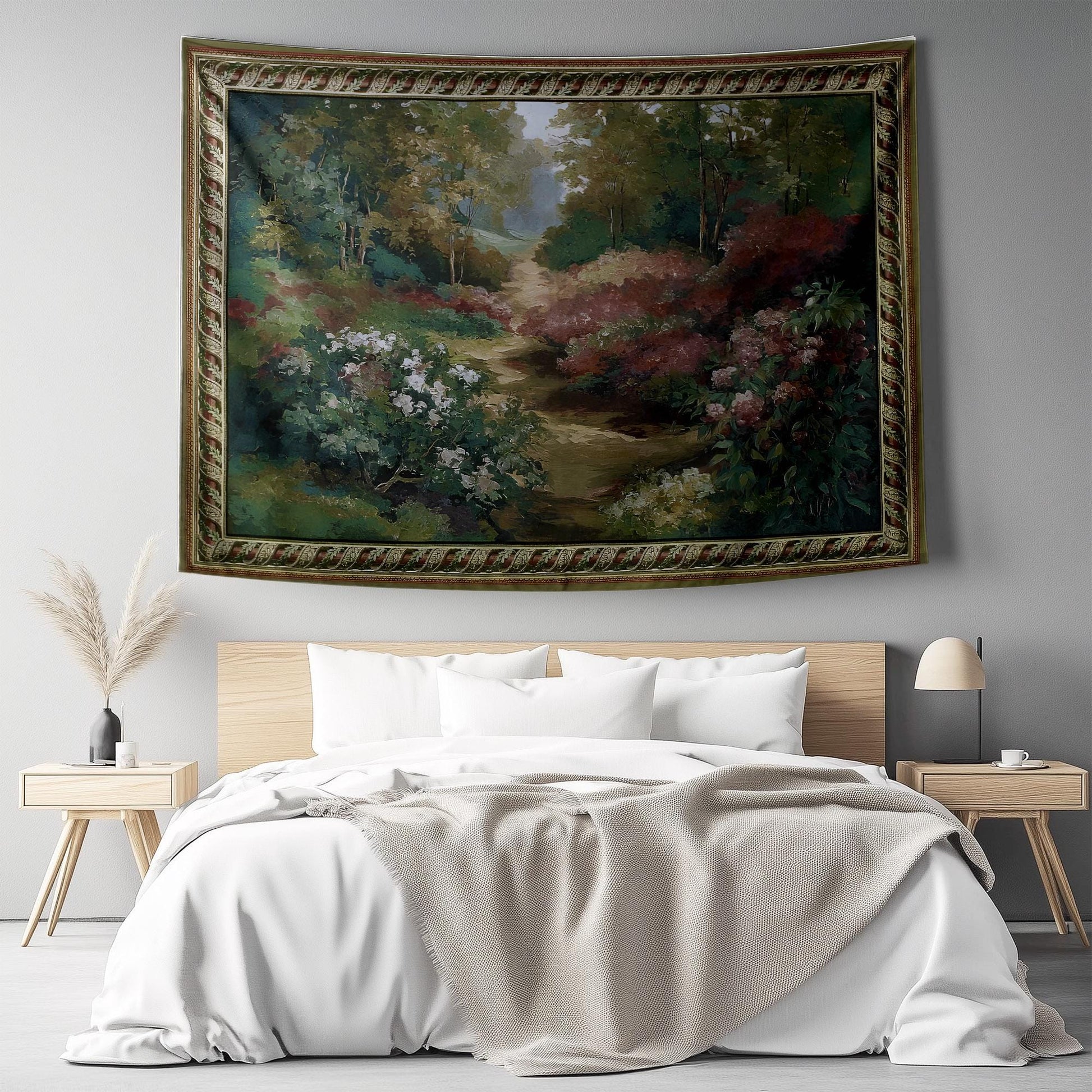 Vintage French Garden Botanical Tapestry Verdure Wall Hanging with Château Garden, Moody Dark Cottagecore Decor for Bedroom and Living Room