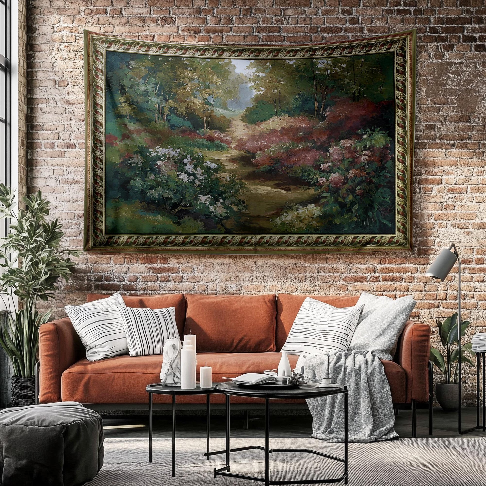 Vintage French Garden Botanical Tapestry Verdure Wall Hanging with Château Garden, Moody Dark Cottagecore Decor for Bedroom and Living Room
