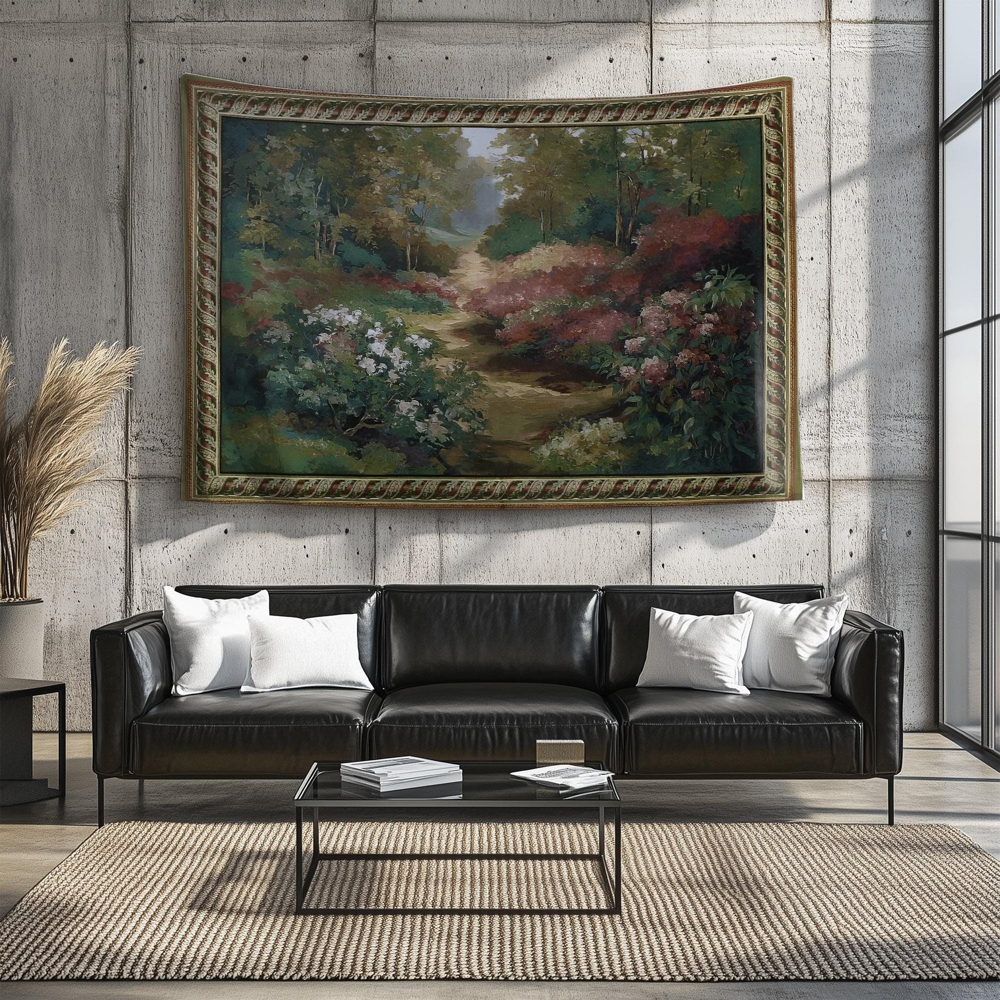 Vintage French Garden Botanical Tapestry Verdure Wall Hanging with Château Garden, Moody Dark Cottagecore Decor for Bedroom and Living Room