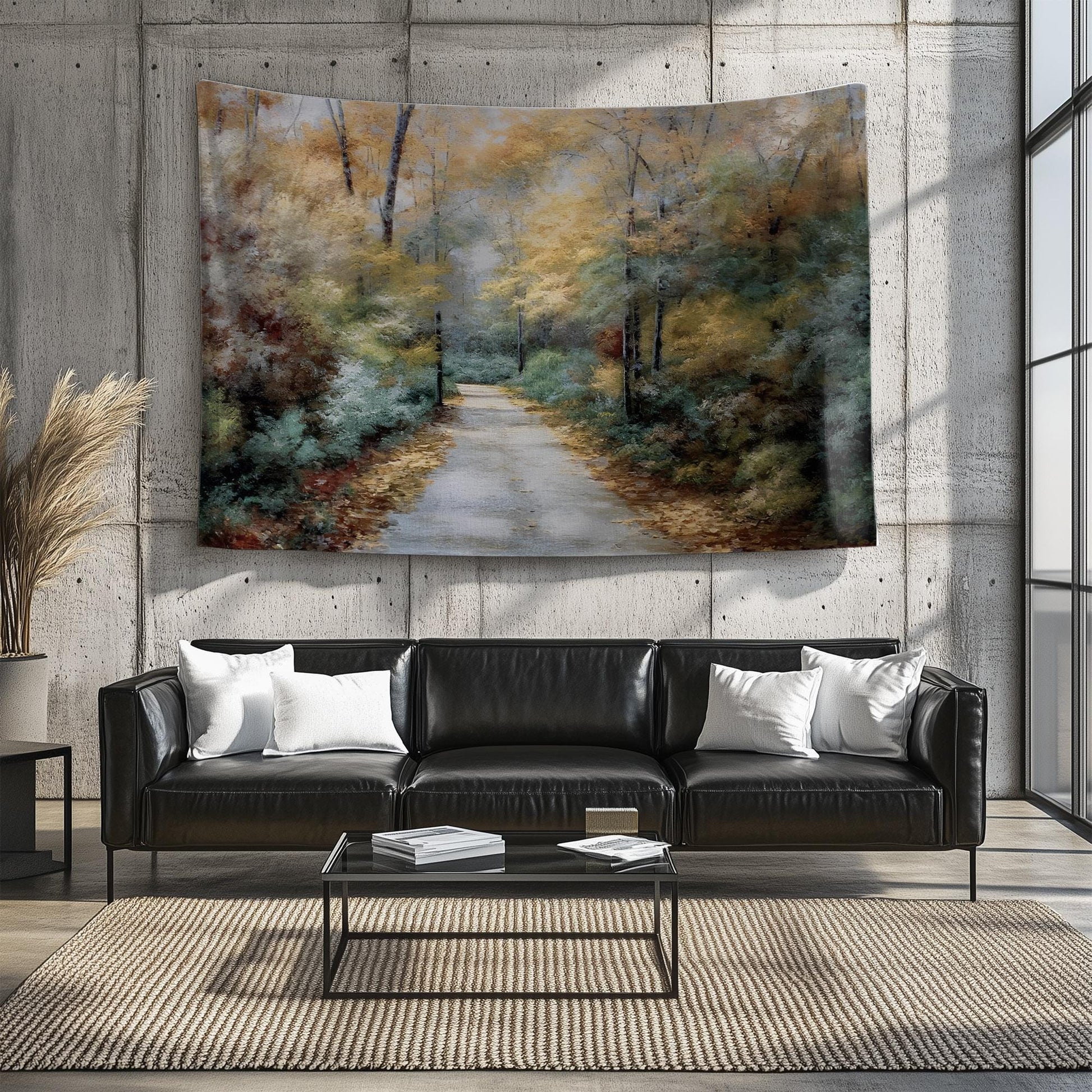Watercolor Forest Tapestry Wall Hanging, Woodland Path Tree Art, Cozy Fall Living Room Decor, Seasonal Nature Wall Accent