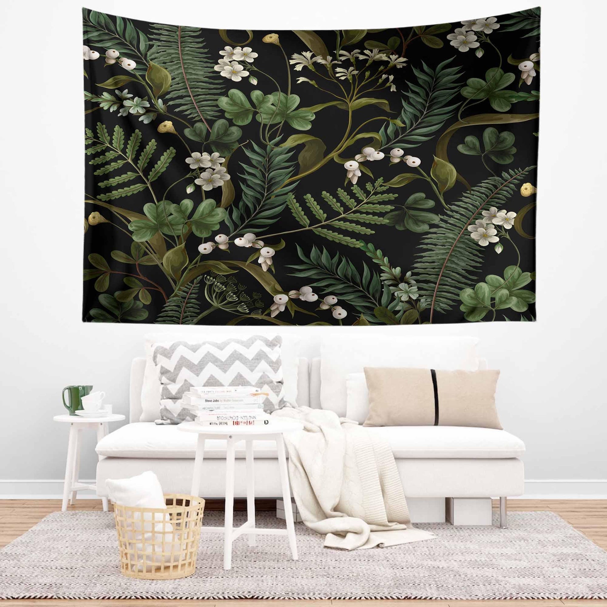 Green Botanical Tapestry Wall Hanging, Wild Flower Floral Home Decor, Cozy Fall Living Room Decor, Bedroom Nature Wall Accent