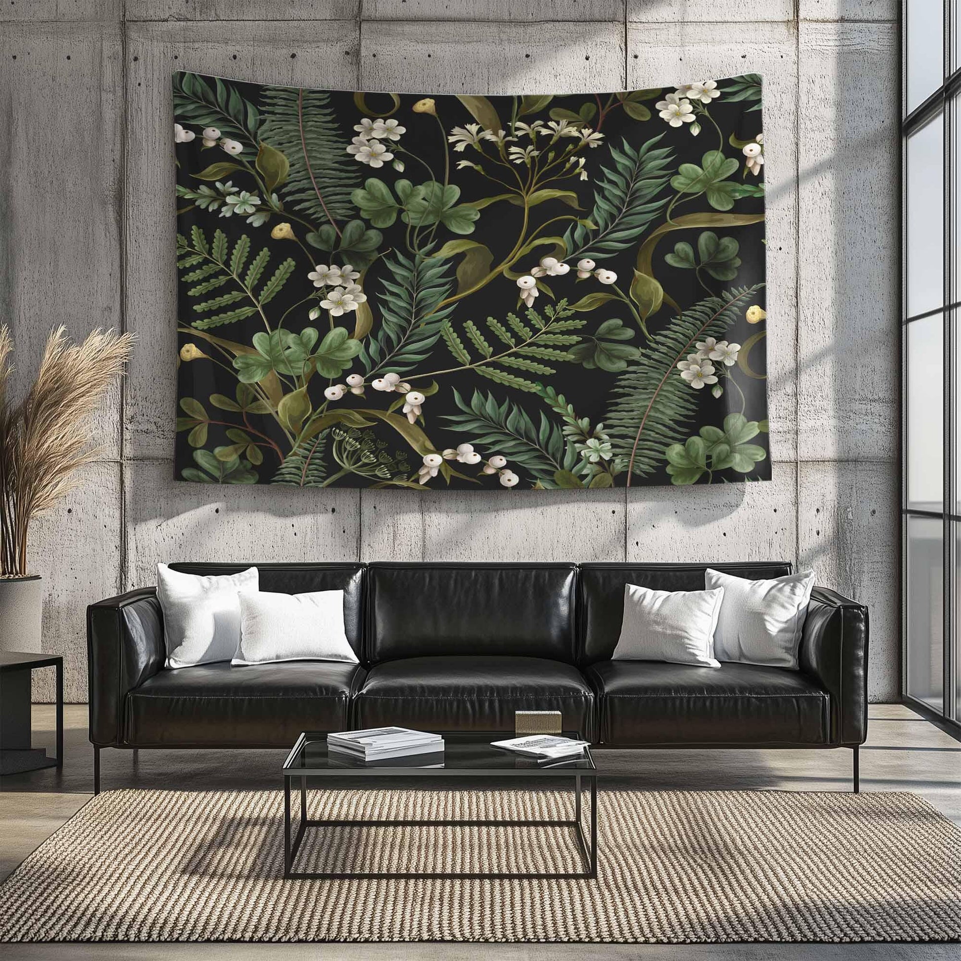 Green Botanical Tapestry Wall Hanging, Wild Flower Floral Home Decor, Cozy Fall Living Room Decor, Bedroom Nature Wall Accent