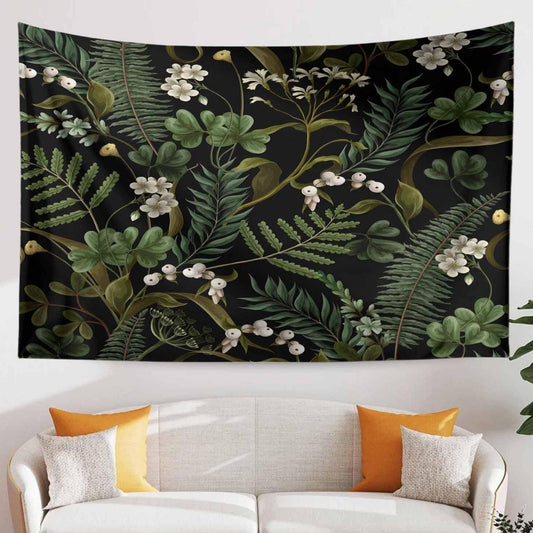 Green Botanical Tapestry Wall Hanging, Wild Flower Floral Home Decor, Cozy Fall Living Room Decor, Bedroom Nature Wall Accent