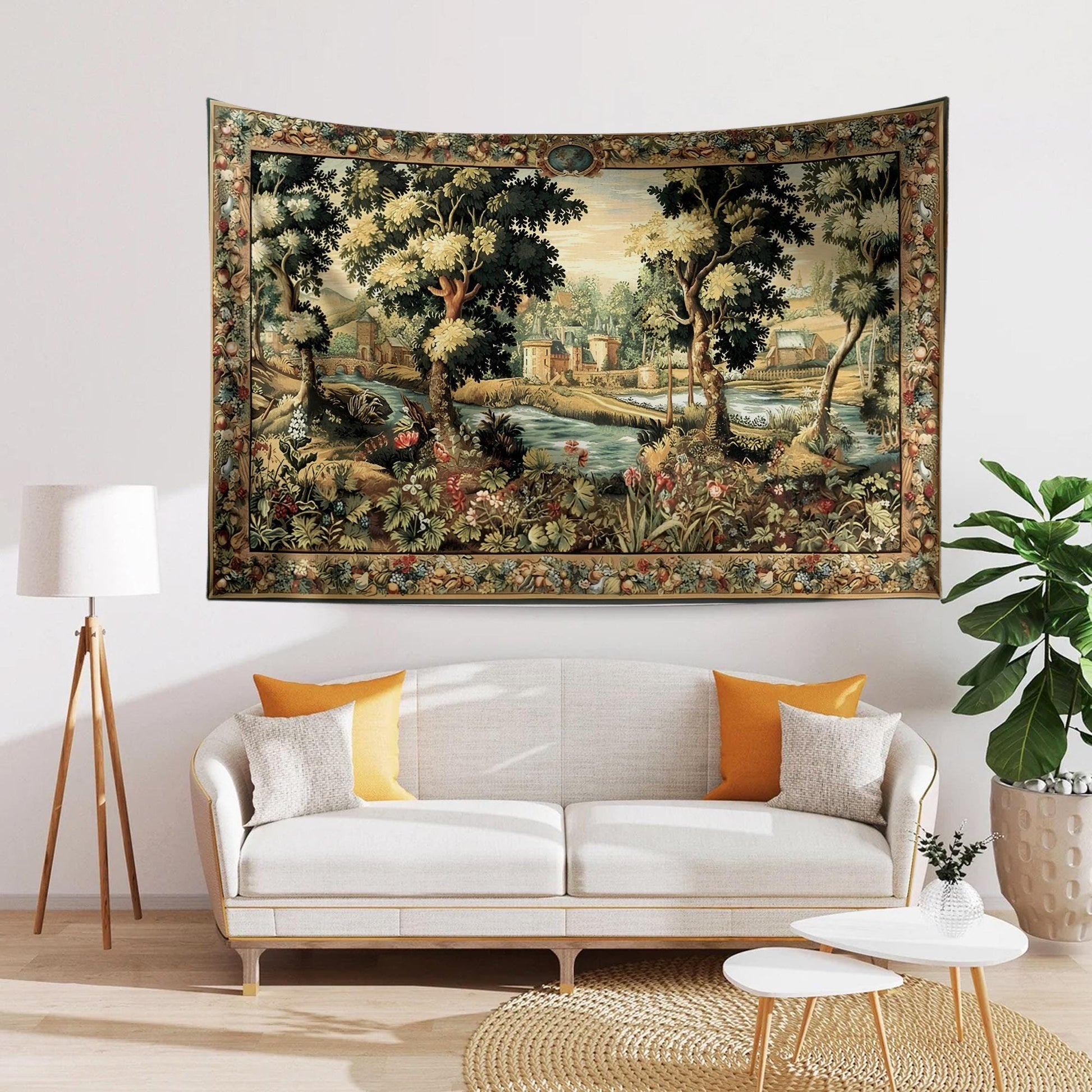 Medieval Tapestry Wall Hang French Garden Floral Verdure Tapestry French Country European Tapestry Dark Cottagecore Vintage antique fabric