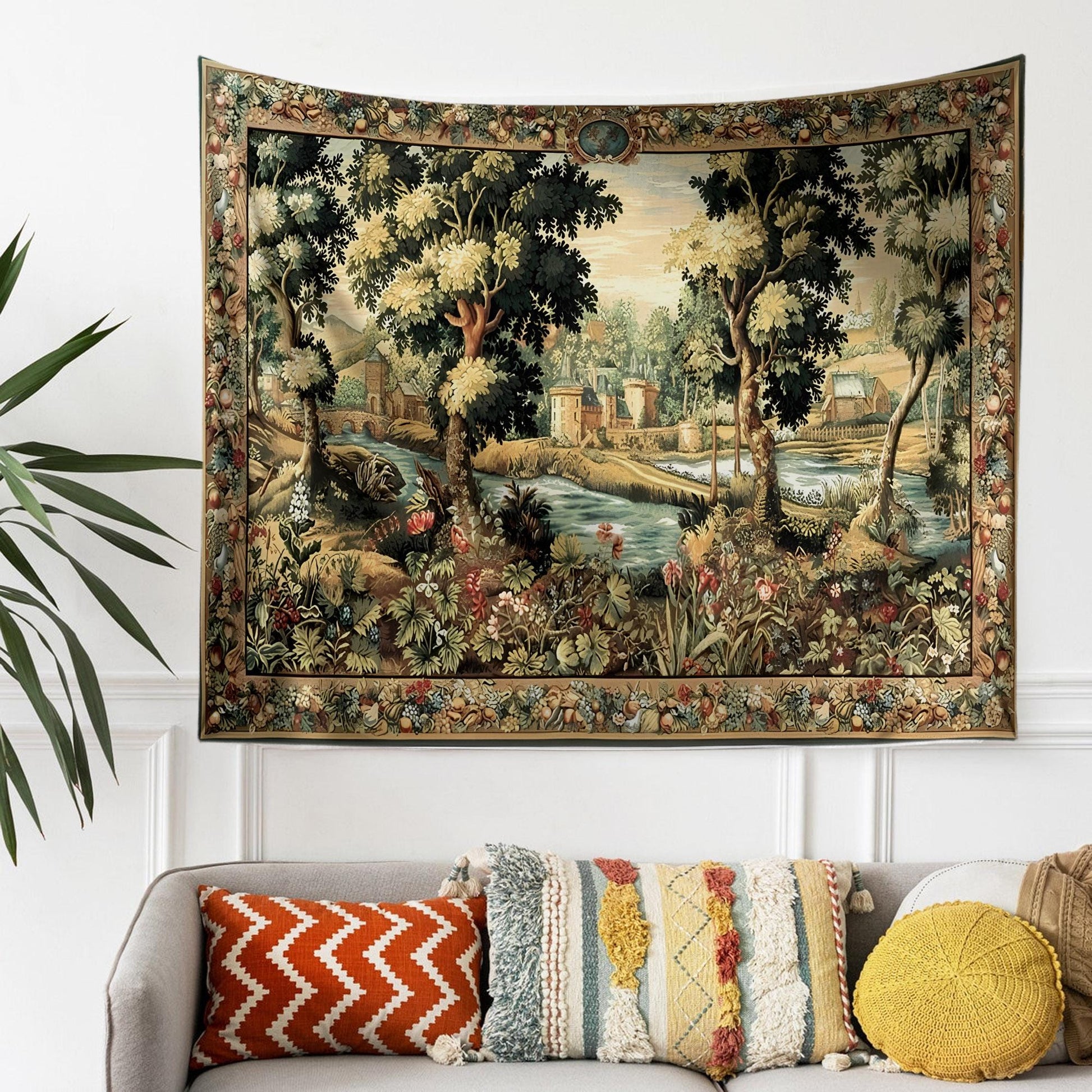 Medieval Tapestry Wall Hang French Garden Floral Verdure Tapestry French Country European Tapestry Dark Cottagecore Vintage antique fabric
