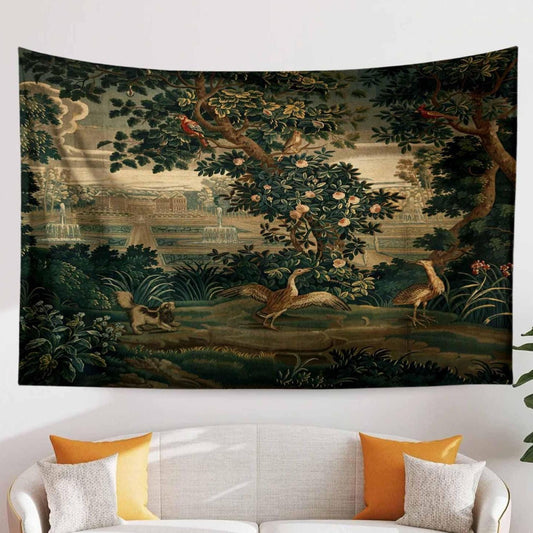 French Château Tapestry Wall Art Vintage Garden Decor Dark Cottagecore Bedroom Hanging