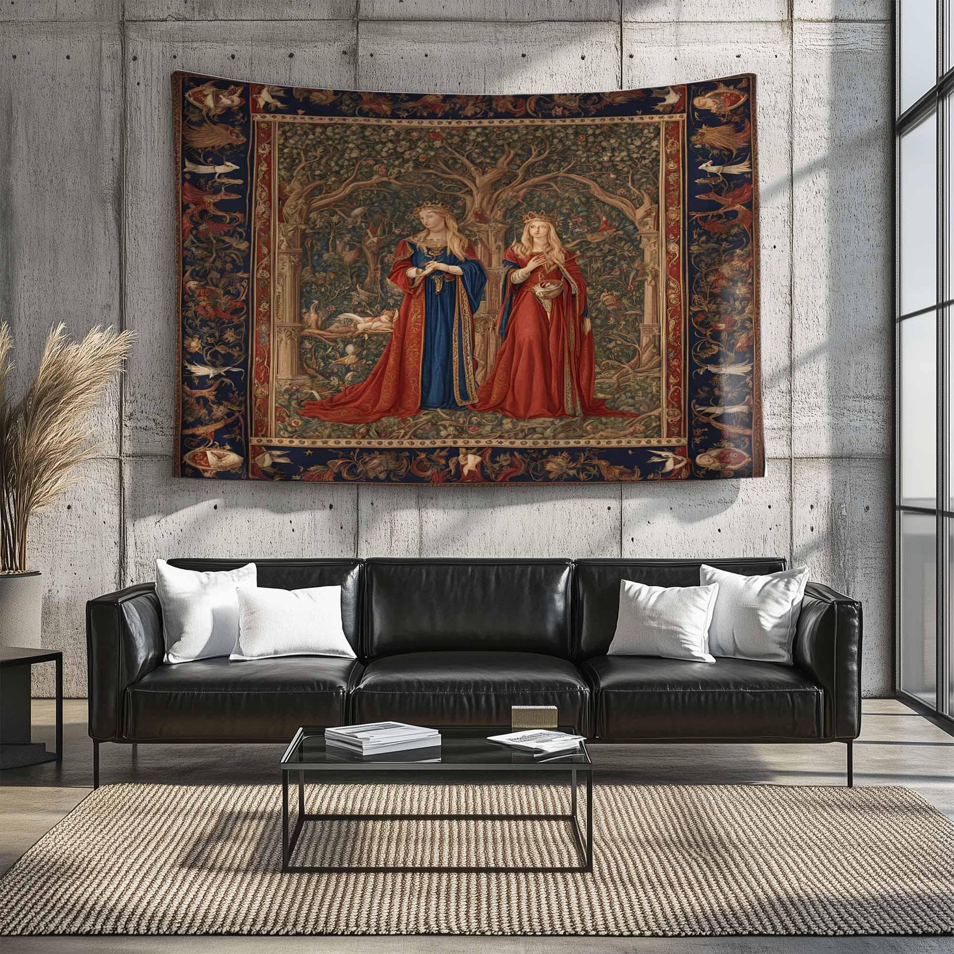 Medieval Princess Tapestry - Enchanting 15th Century French Wall Hanging, Red Mythical Artwork, Vintage Decor Gift