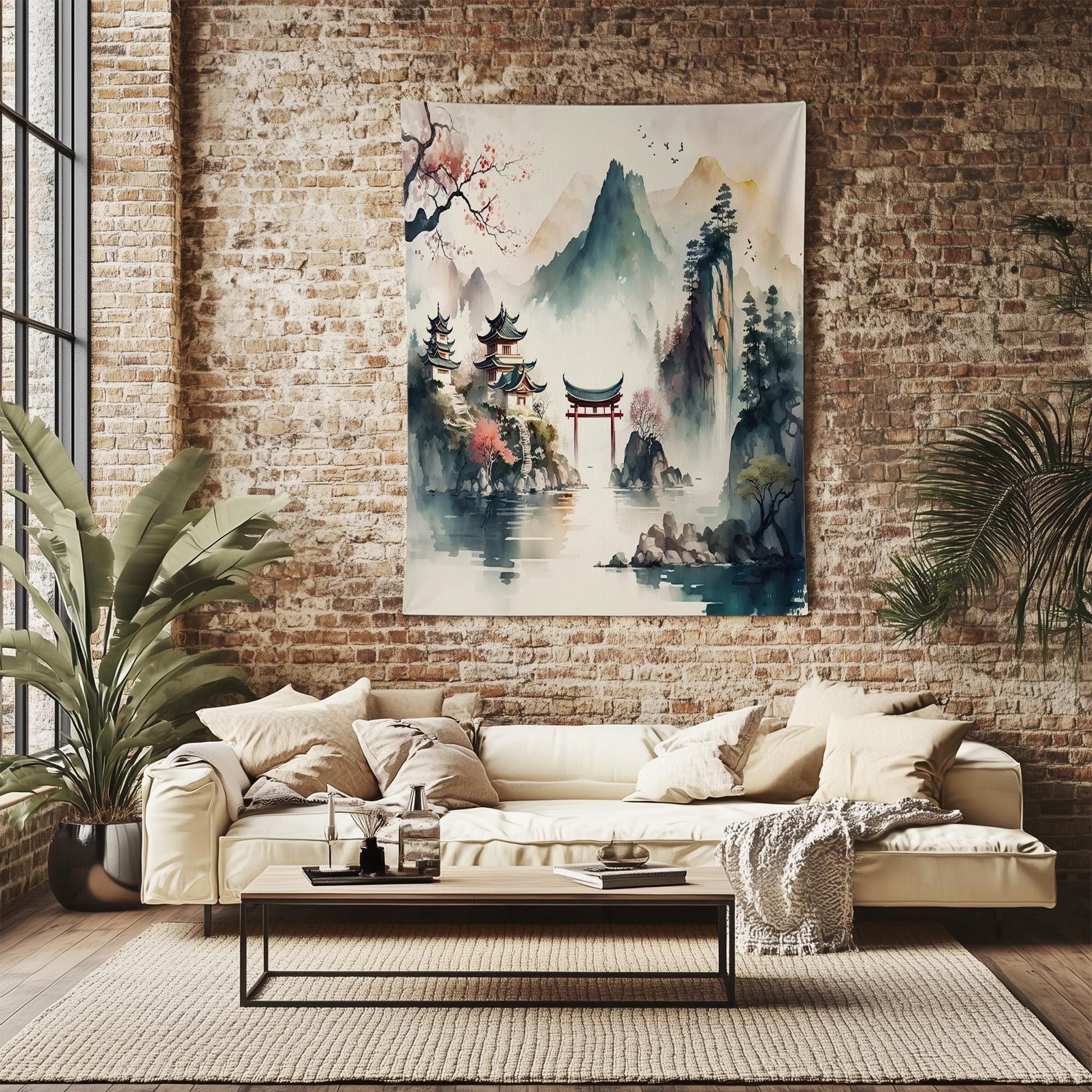 Japanese Watercolor Landscape Tapestry – Tranquil Mountain Forest Historic Houses Wall Art for Serene Home Decor