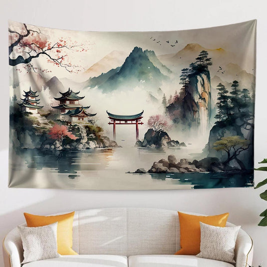 Japanese Watercolor Landscape Tapestry – Tranquil Mountain Forest Historic Houses Wall Art for Serene Home Decor