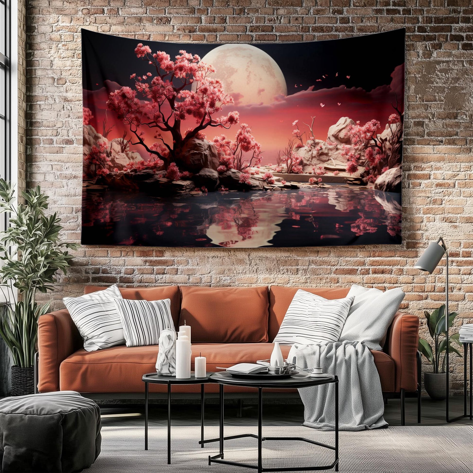 Japanese Art Landscape Tapestry, Nature Tapestry Wall Hanging, Moon Tapestry, Mountain Forest Landscape Tapestries for Living Room Decor
