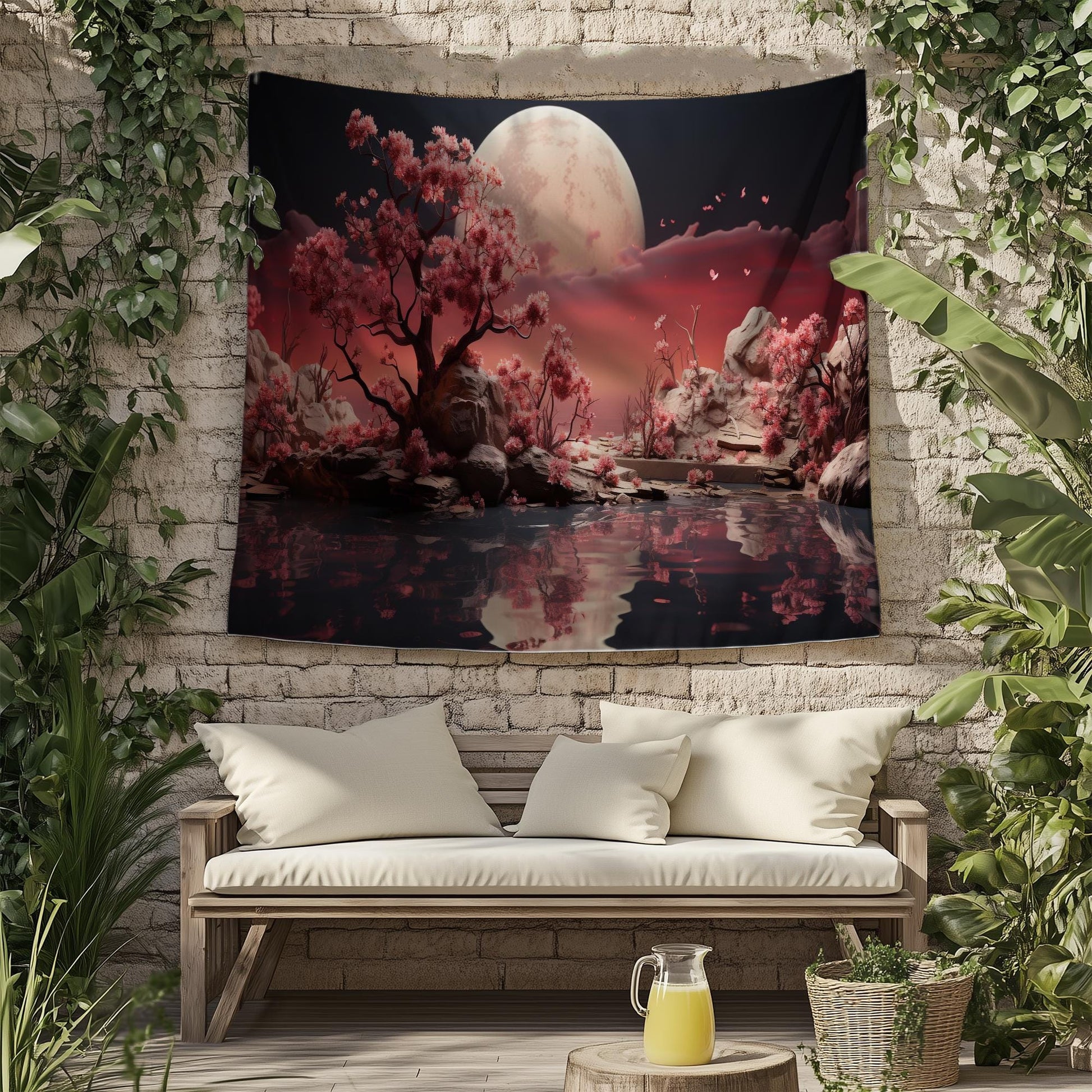 Japanese Art Landscape Tapestry, Nature Tapestry Wall Hanging, Moon Tapestry, Mountain Forest Landscape Tapestries for Living Room Decor