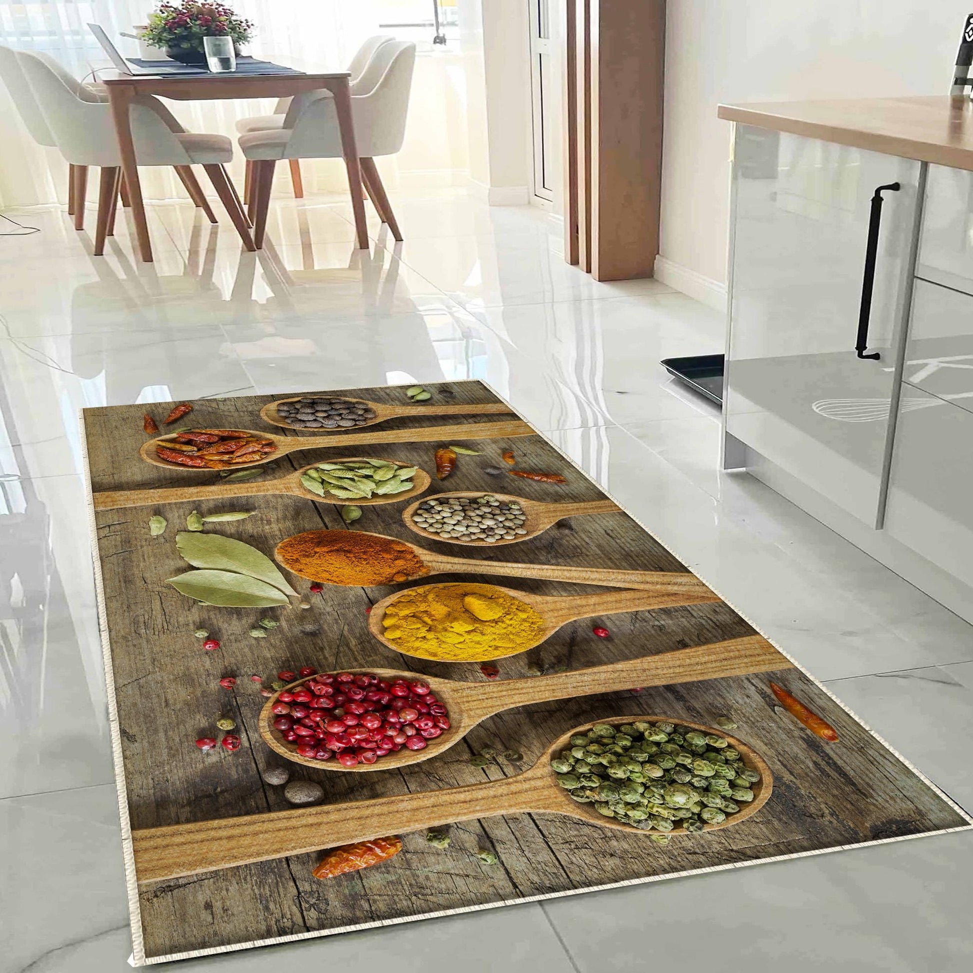 Spices Theme Kitchen Runner Rug - Washable Non-Slip Floor Mat, Modern Kitchen Decor, Durable & Comfortable Cooking Mat