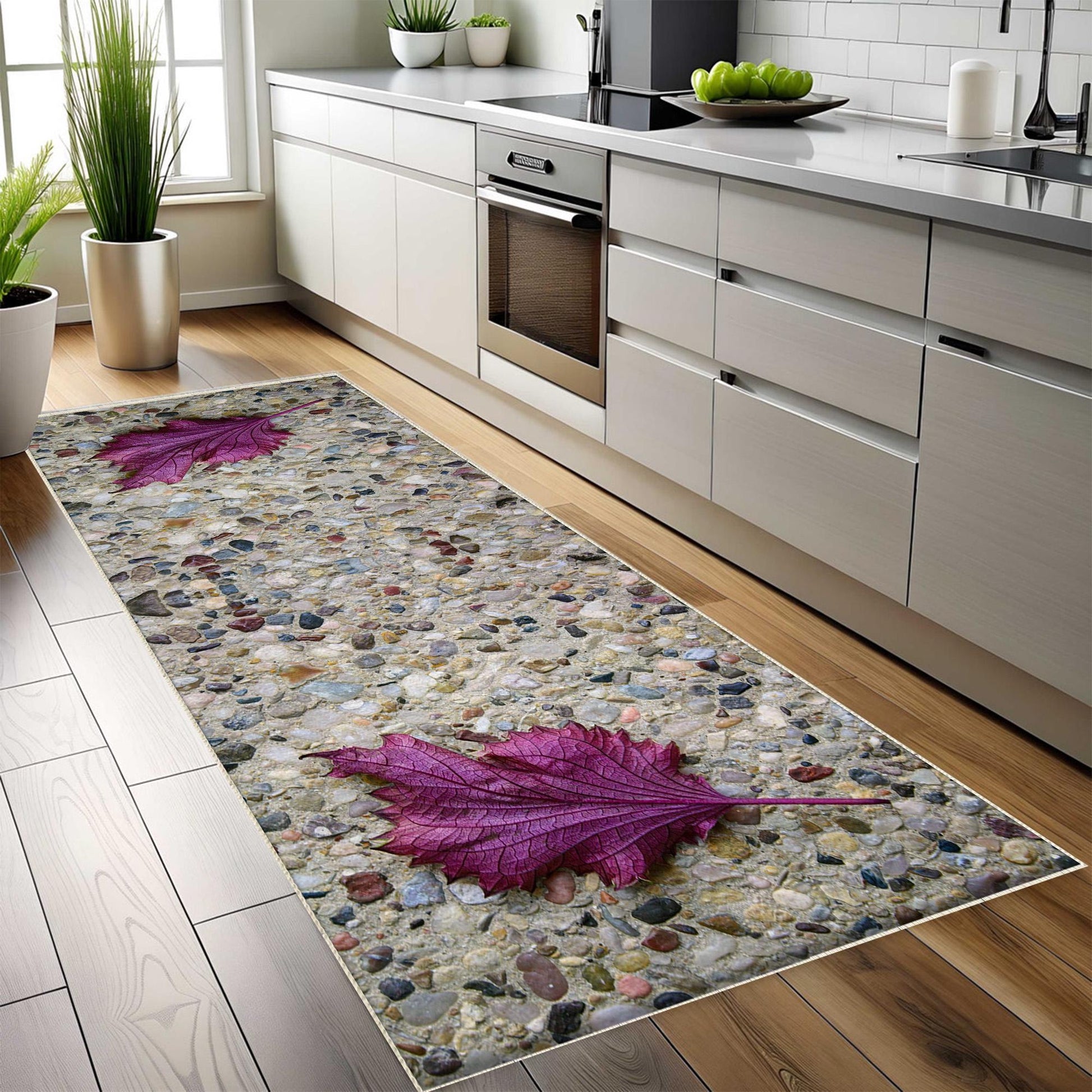 Purple Leaf Kitchen Runner Rug - Non-Slip, Washable Floor Mat for Kitchen & Home Decor, Modern Stone Wash Design