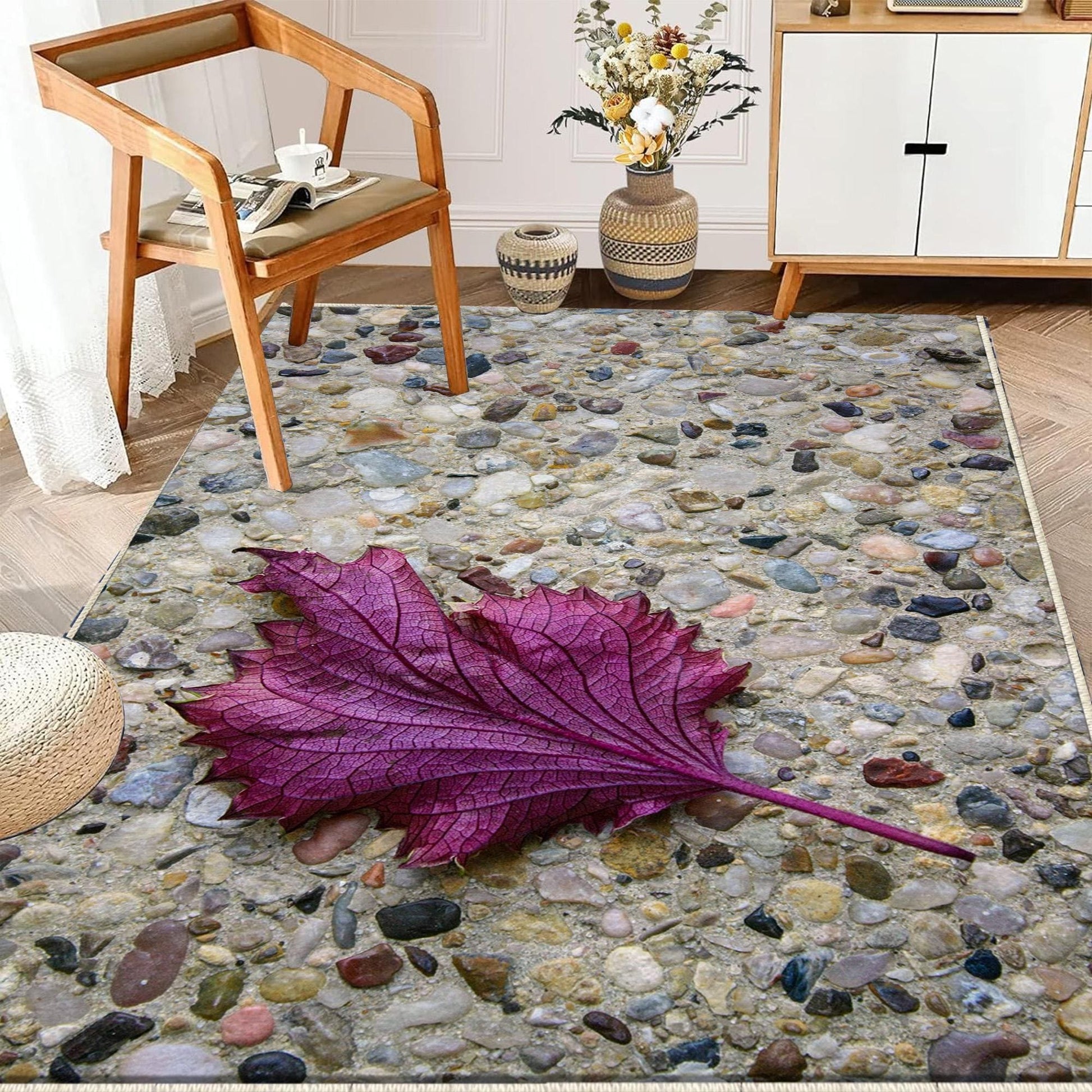 Purple Leaf Kitchen Runner Rug - Non-Slip, Washable Floor Mat for Kitchen & Home Decor, Modern Stone Wash Design