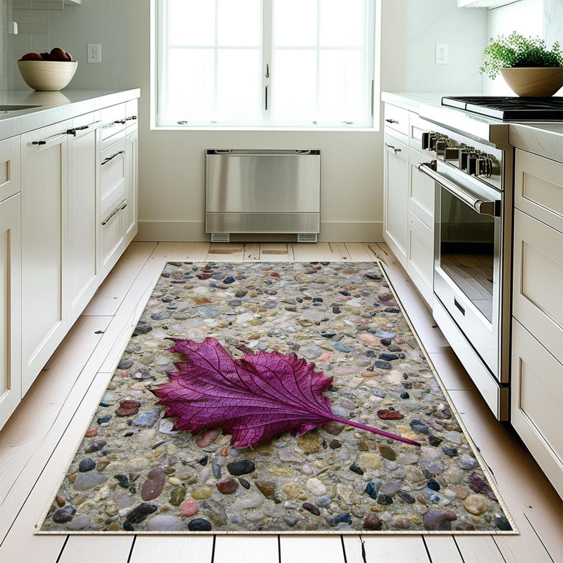 Purple Leaf Kitchen Runner Rug - Non-Slip, Washable Floor Mat for Kitchen & Home Decor, Modern Stone Wash Design