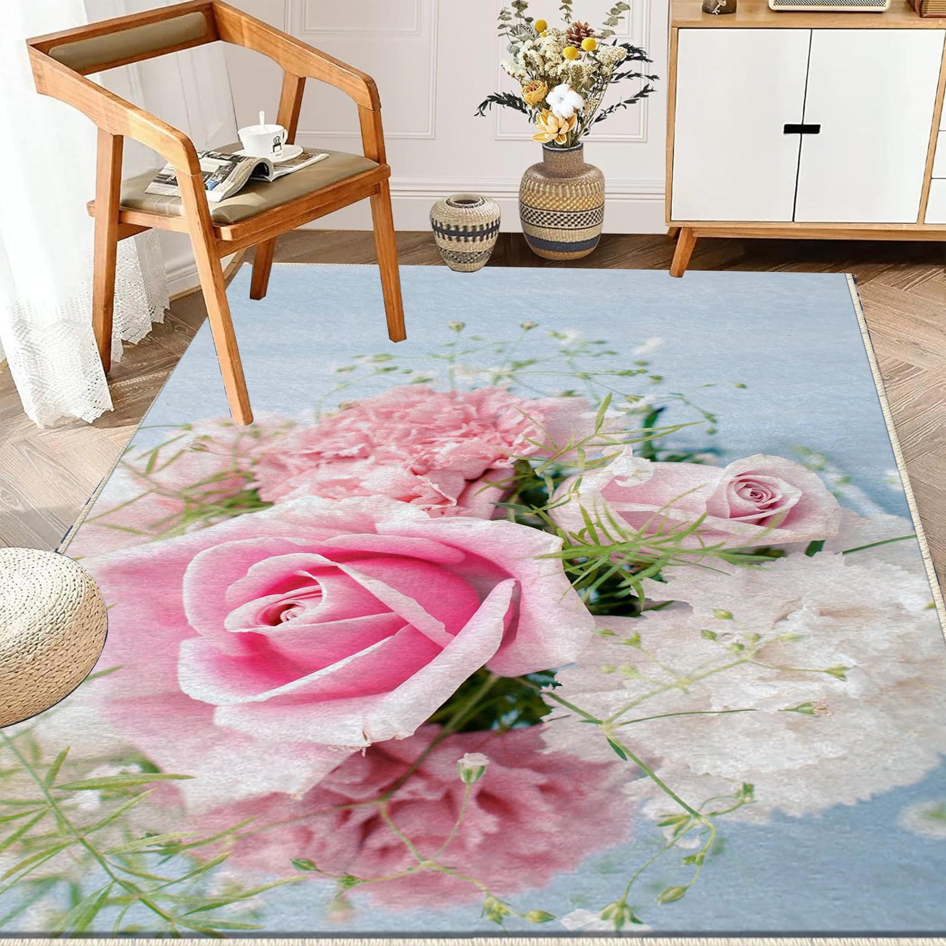 Pink Roses Kitchen Runner Rug Non-Slip Washable Floor Mat Floral Modern Design Home Decor Rug