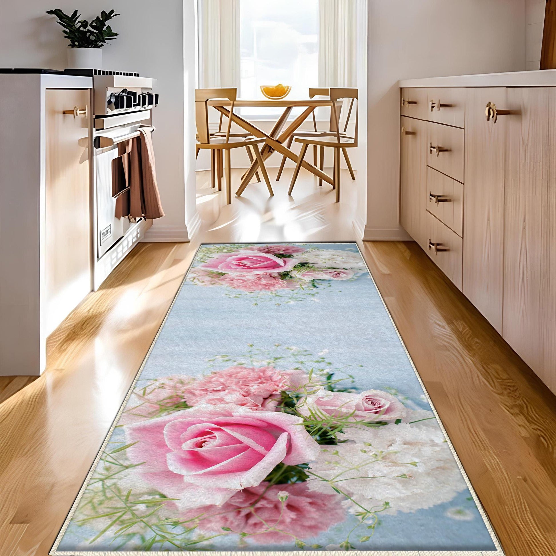 Pink Roses Kitchen Runner Rug Non-Slip Washable Floor Mat Floral Modern Design Home Decor Rug