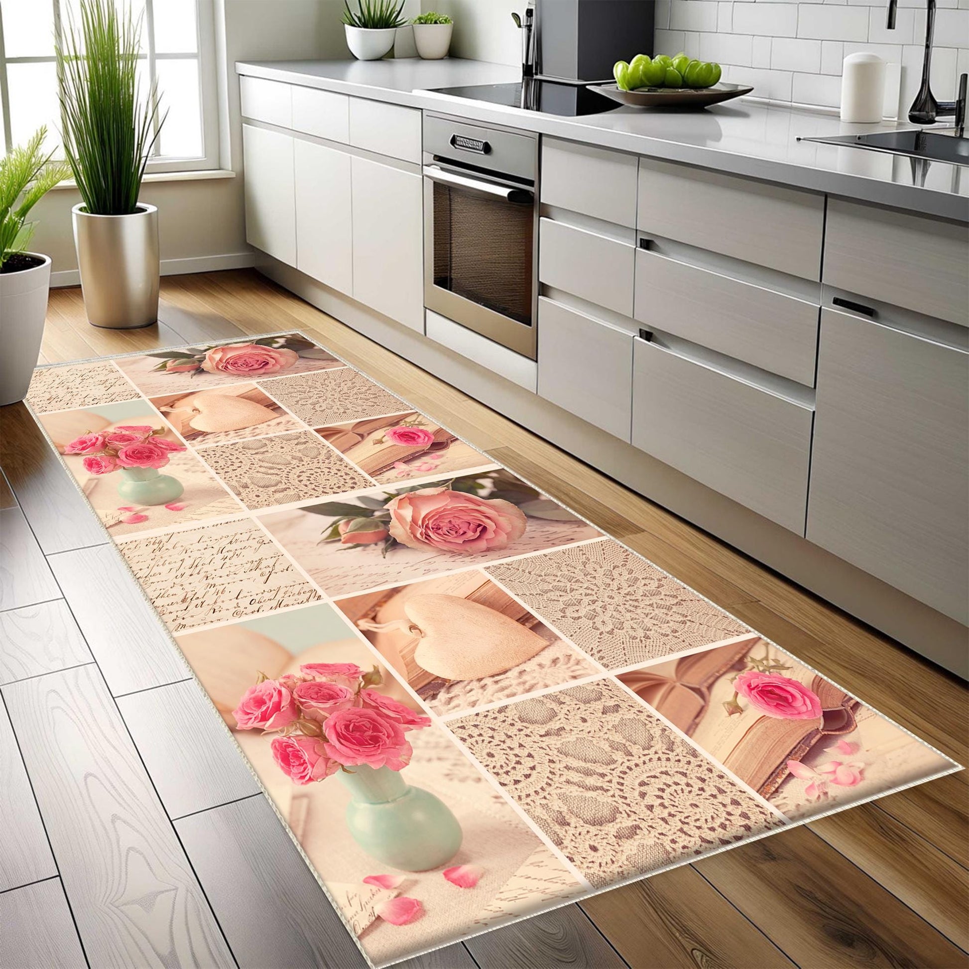 Pink Retro Floral Kitchen Runner Rug - Washable Non-Slip Floor Mat for Home Decor & Modern Kitchen Design