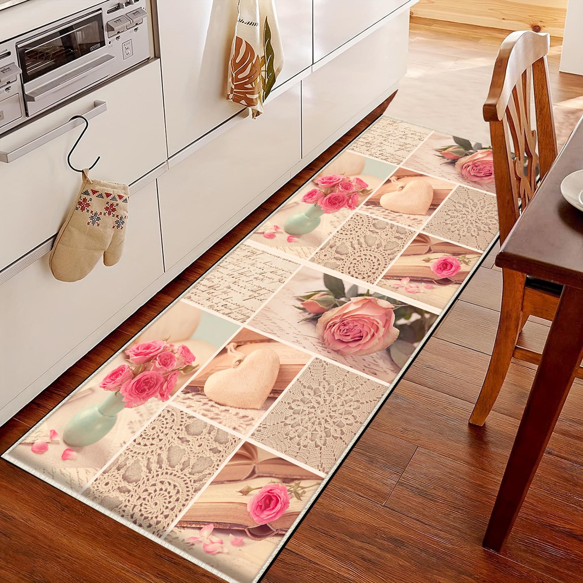 Pink Retro Floral Kitchen Runner Rug - Washable Non-Slip Floor Mat for Home Decor & Modern Kitchen Design