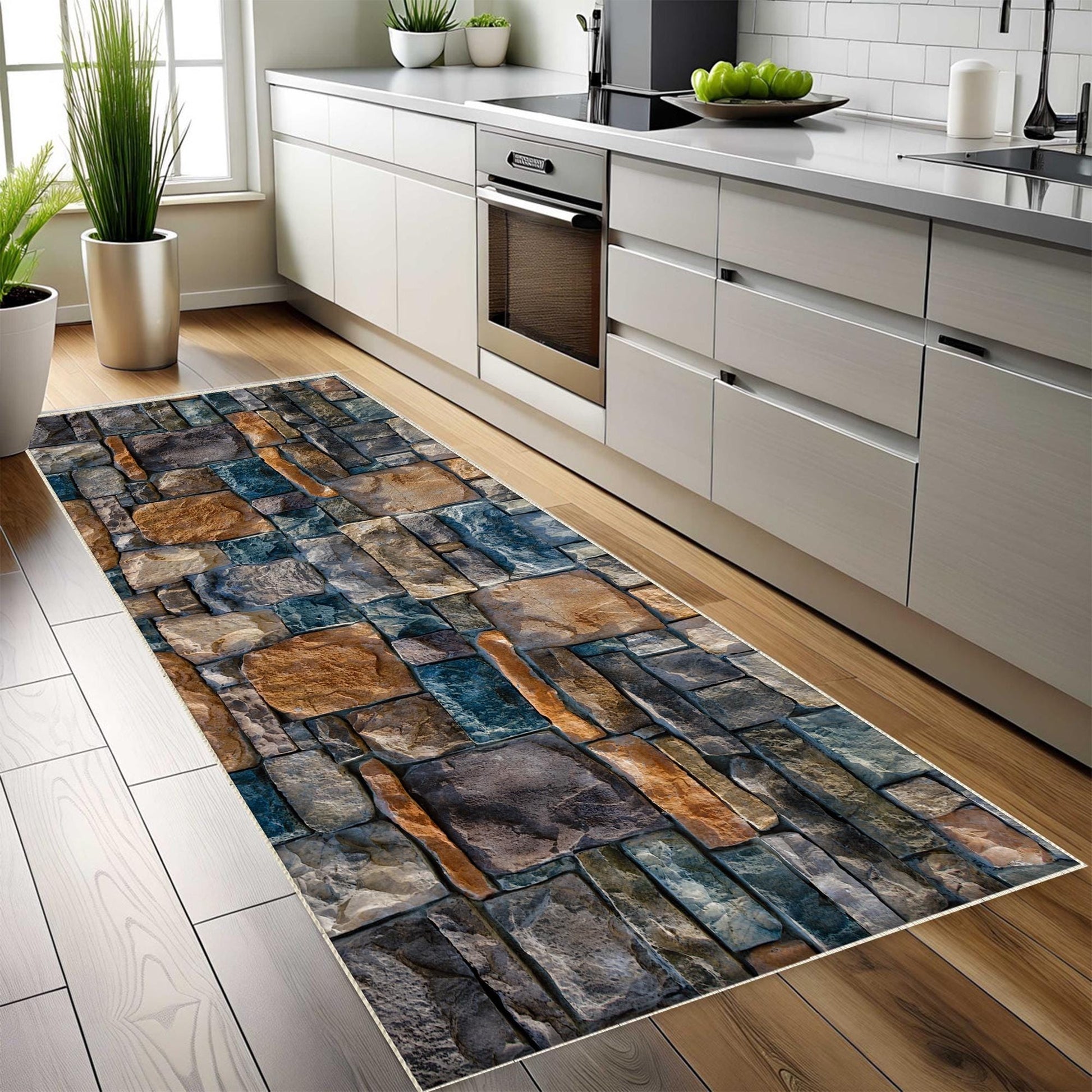 Wall Stone Theme Non-Slip Kitchen Runner Rug, Washable Modern Design Floor Mat, Home Decor Kitchen Mat, Durable Anti-Skid Rug