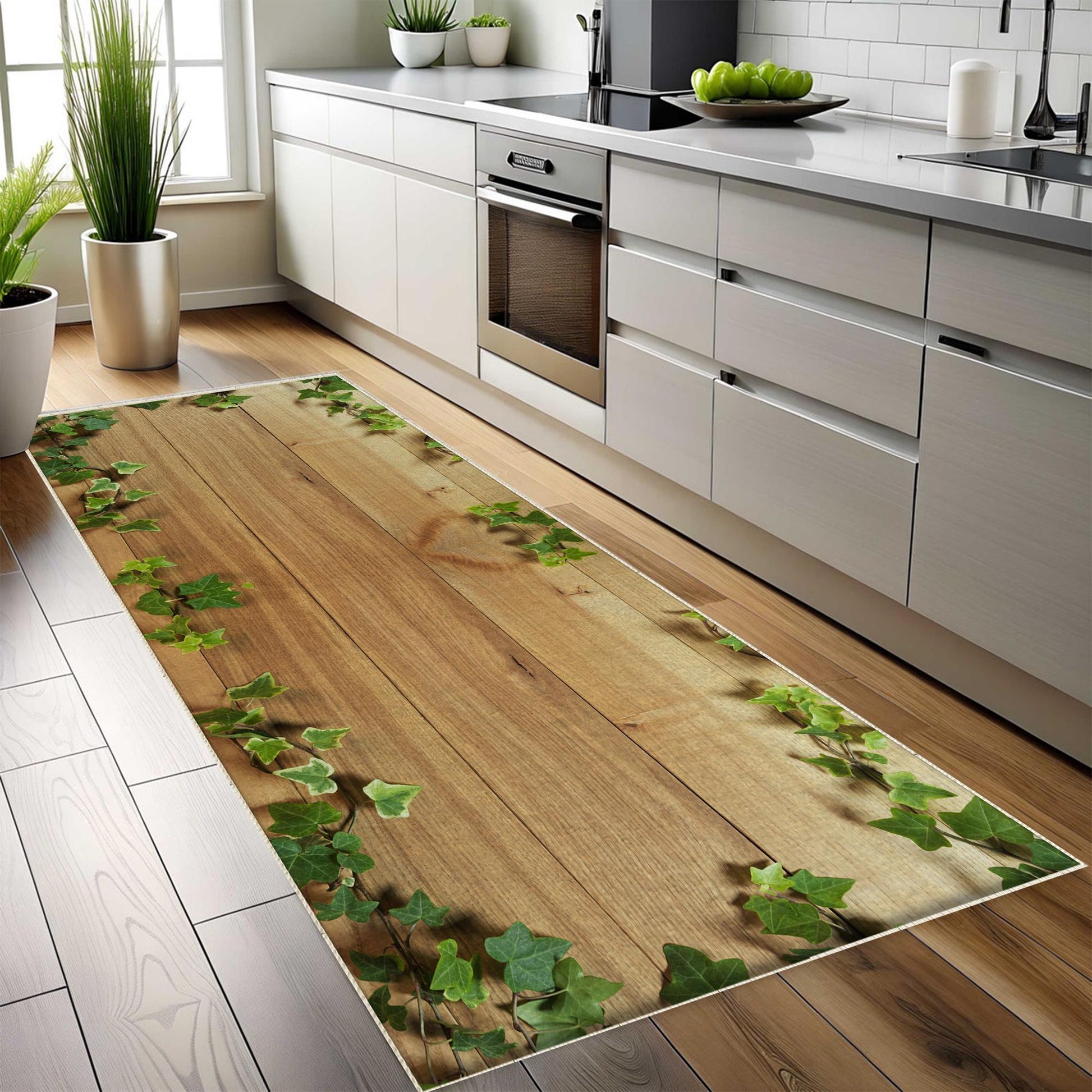 Wood Ivy Floral Kitchen Runner Rug, Washable Non-Slip Floor Mat, Modern Home Decor & Durable Kitchen Rug