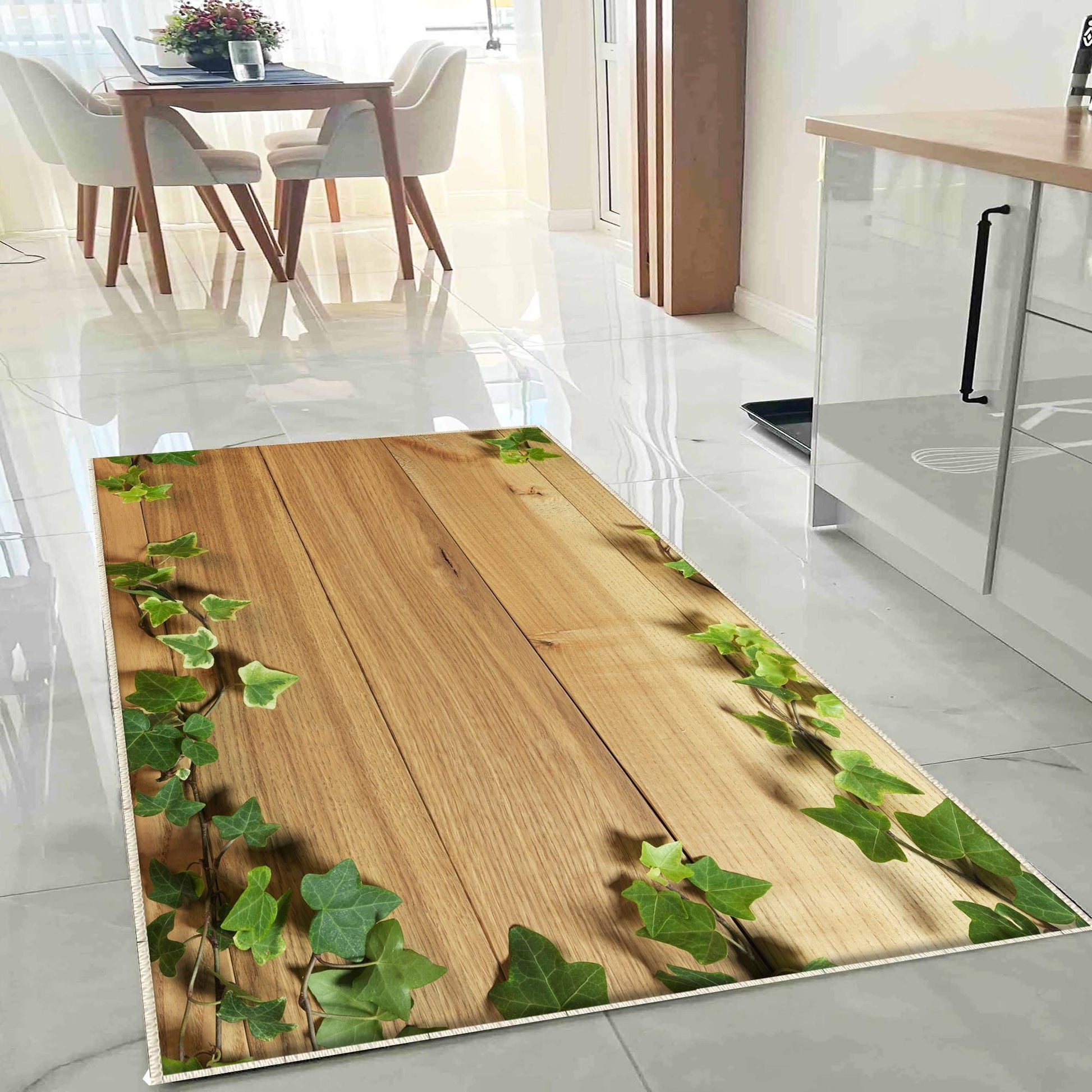 Wood Ivy Floral Kitchen Runner Rug, Washable Non-Slip Floor Mat, Modern Home Decor & Durable Kitchen Rug