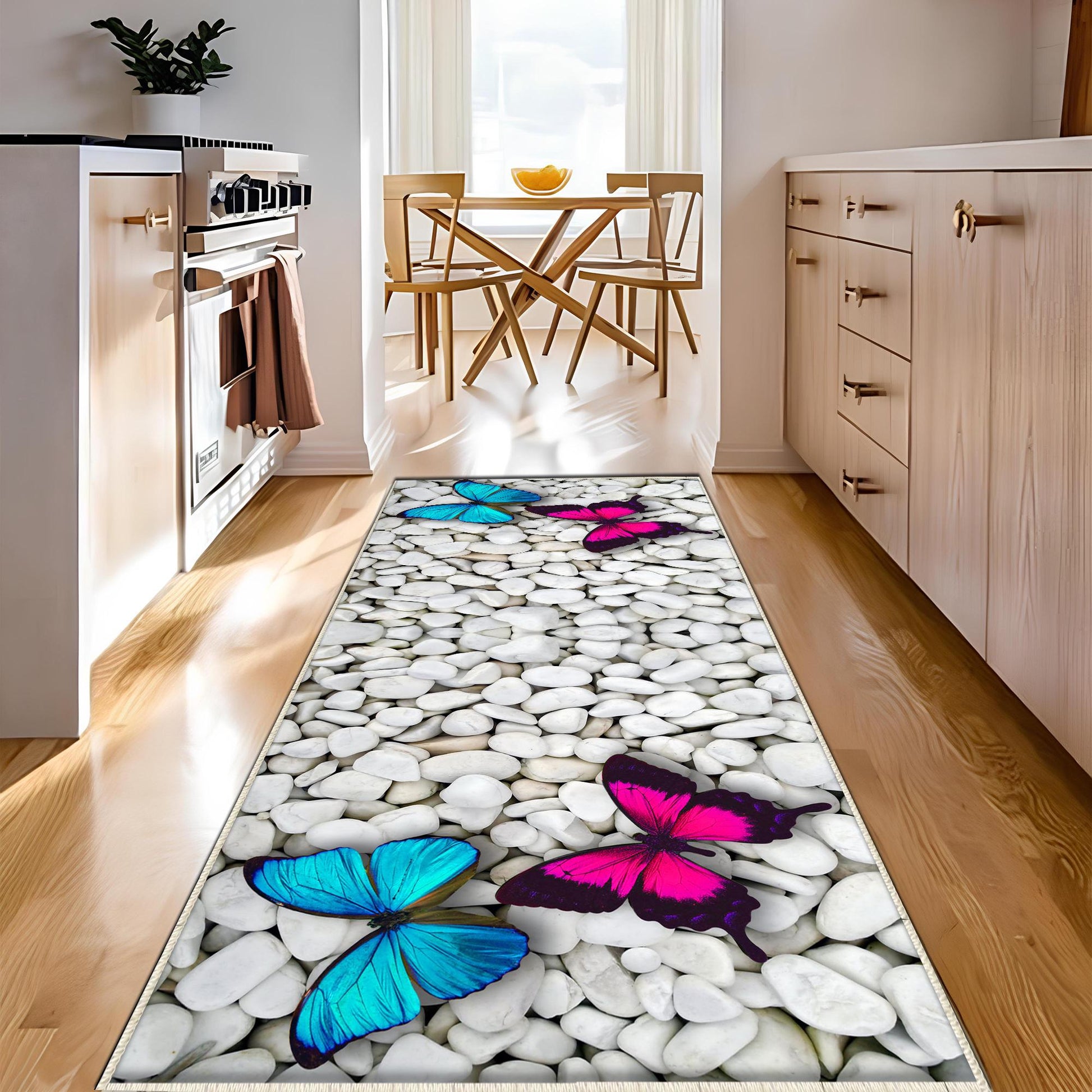 Non-Slip Kitchen Runner Rug Blue Pink Stone Butterfly, Washable Modern Floor Mat for Home Decor & Kitchen