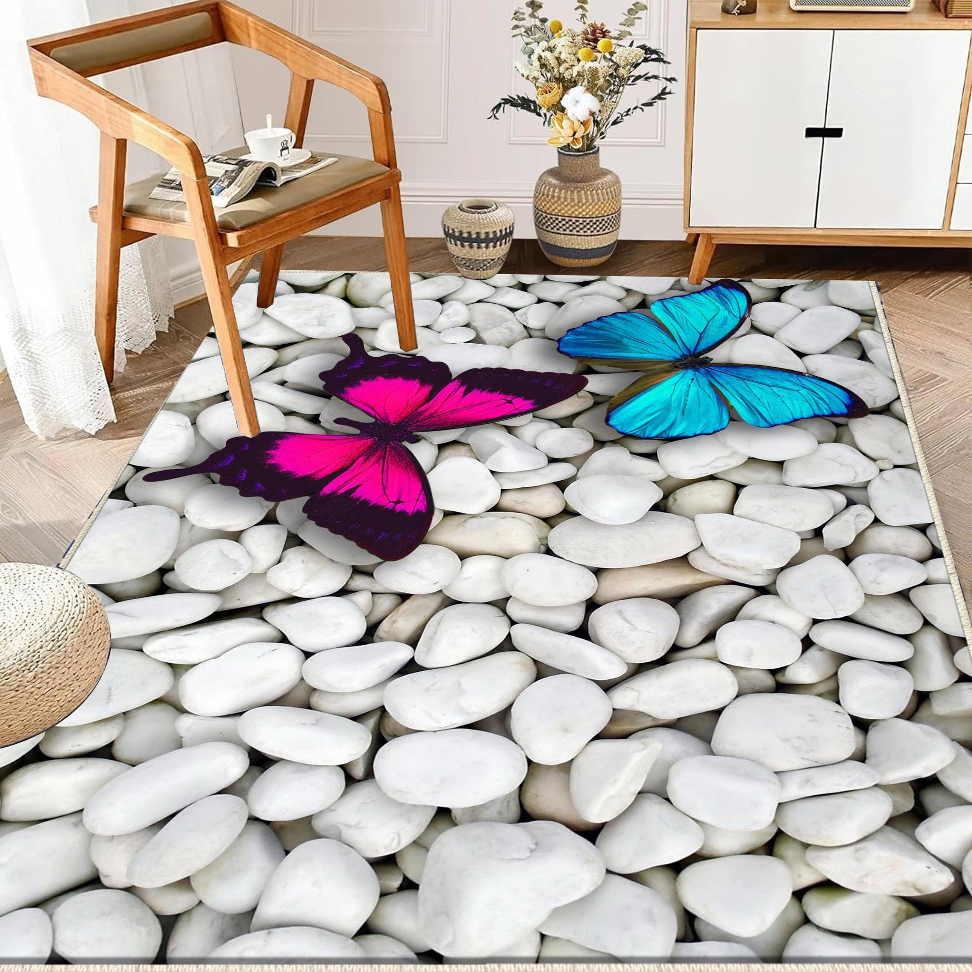 Non-Slip Kitchen Runner Rug Blue Pink Stone Butterfly, Washable Modern Floor Mat for Home Decor & Kitchen
