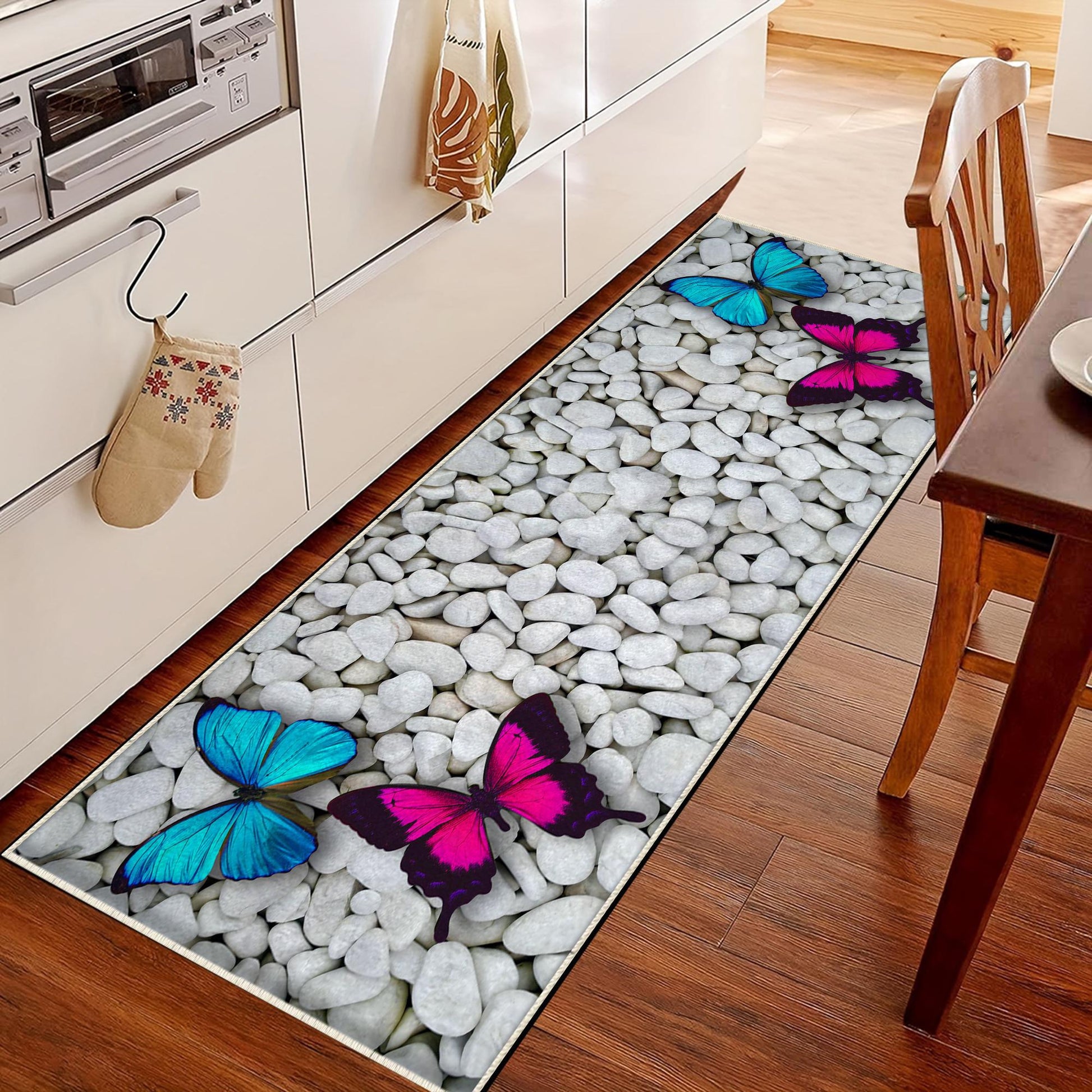 Non-Slip Kitchen Runner Rug Blue Pink Stone Butterfly, Washable Modern Floor Mat for Home Decor & Kitchen