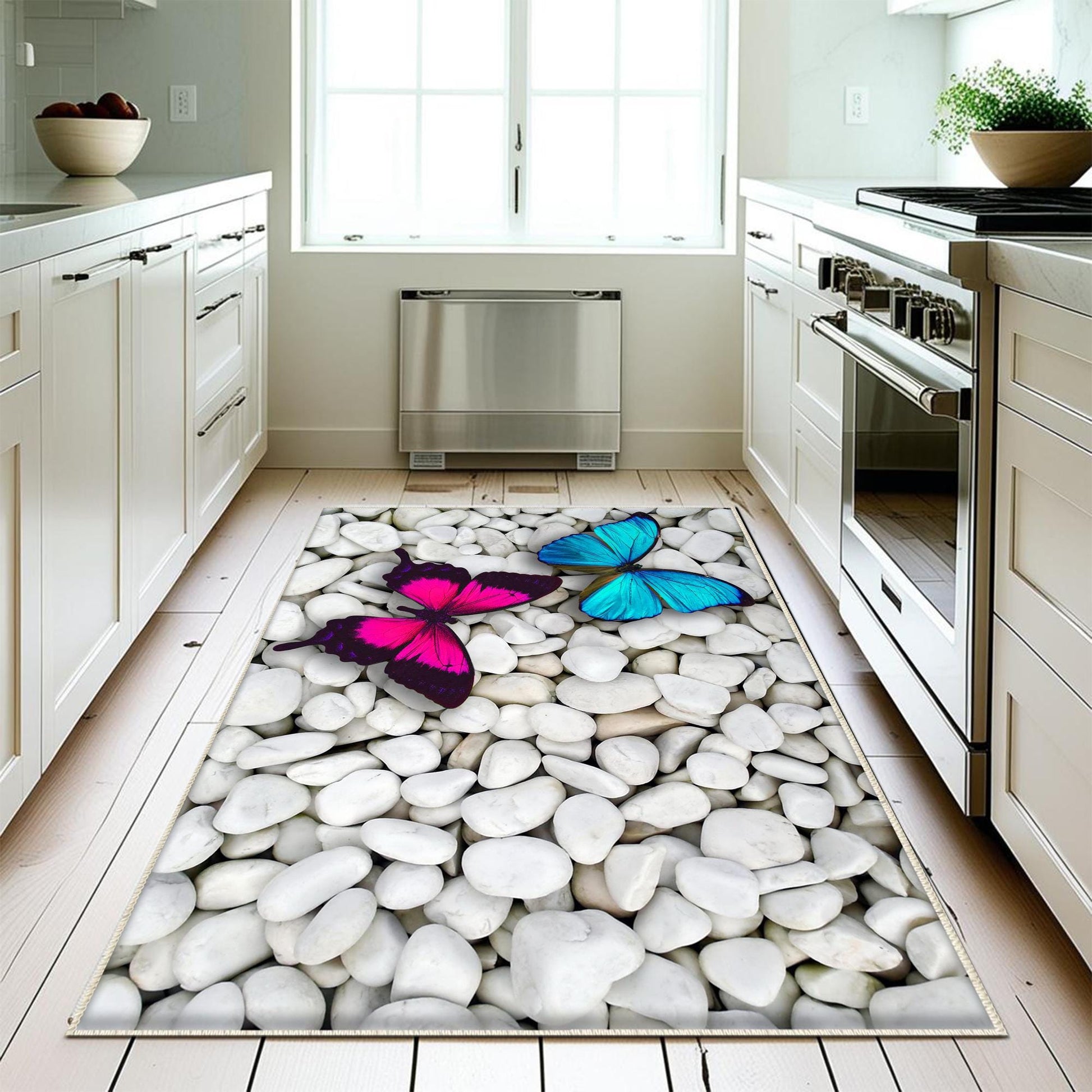 Non-Slip Kitchen Runner Rug Blue Pink Stone Butterfly, Washable Modern Floor Mat for Home Decor & Kitchen