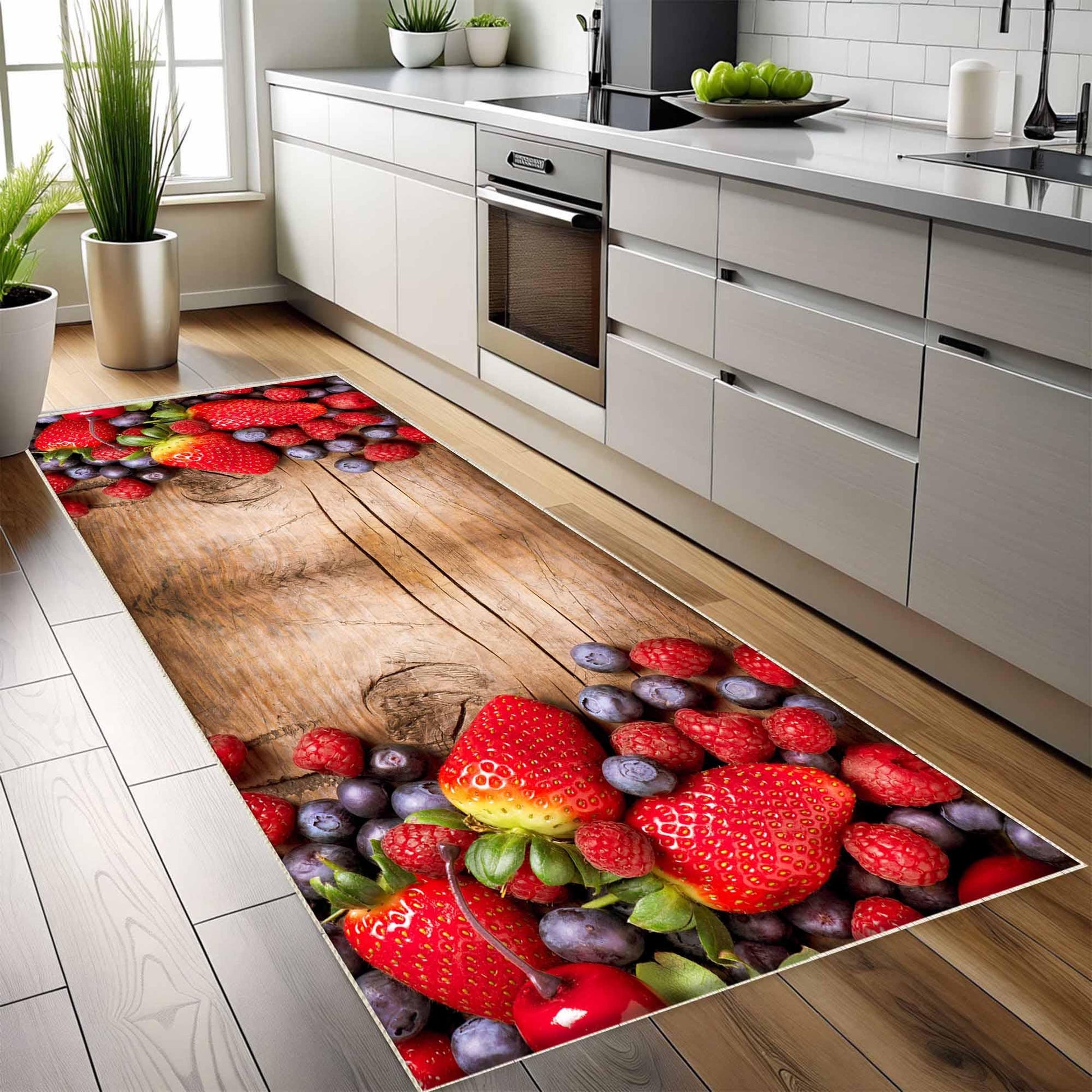 Strawberry Kitchen Fruits Runner Rug - Washable Non-Slip Floor Mat, Modern Decorative Kitchen Rug for Home & Cooking Area