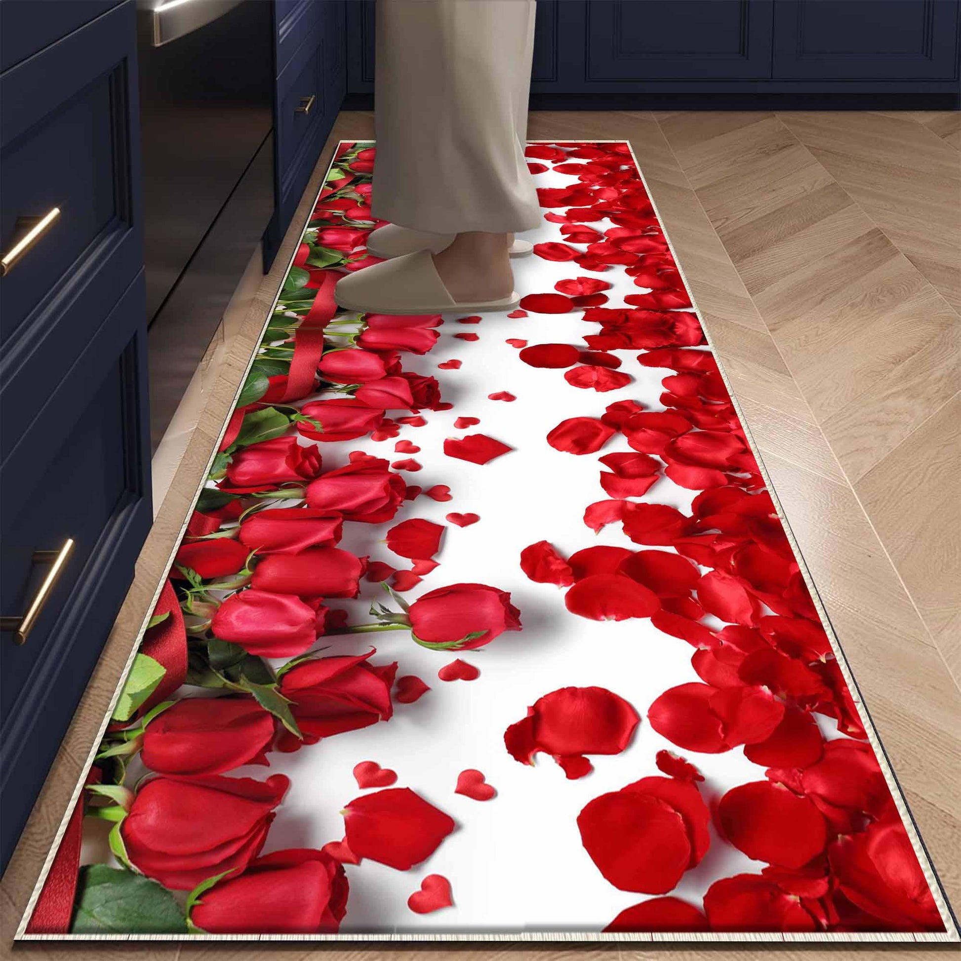 Red Roses Floral Flowers Theme Kitchen Runner Rug – Washable Non-Slip Floor Mat, Modern Floral Home Decor Kitchen Mat