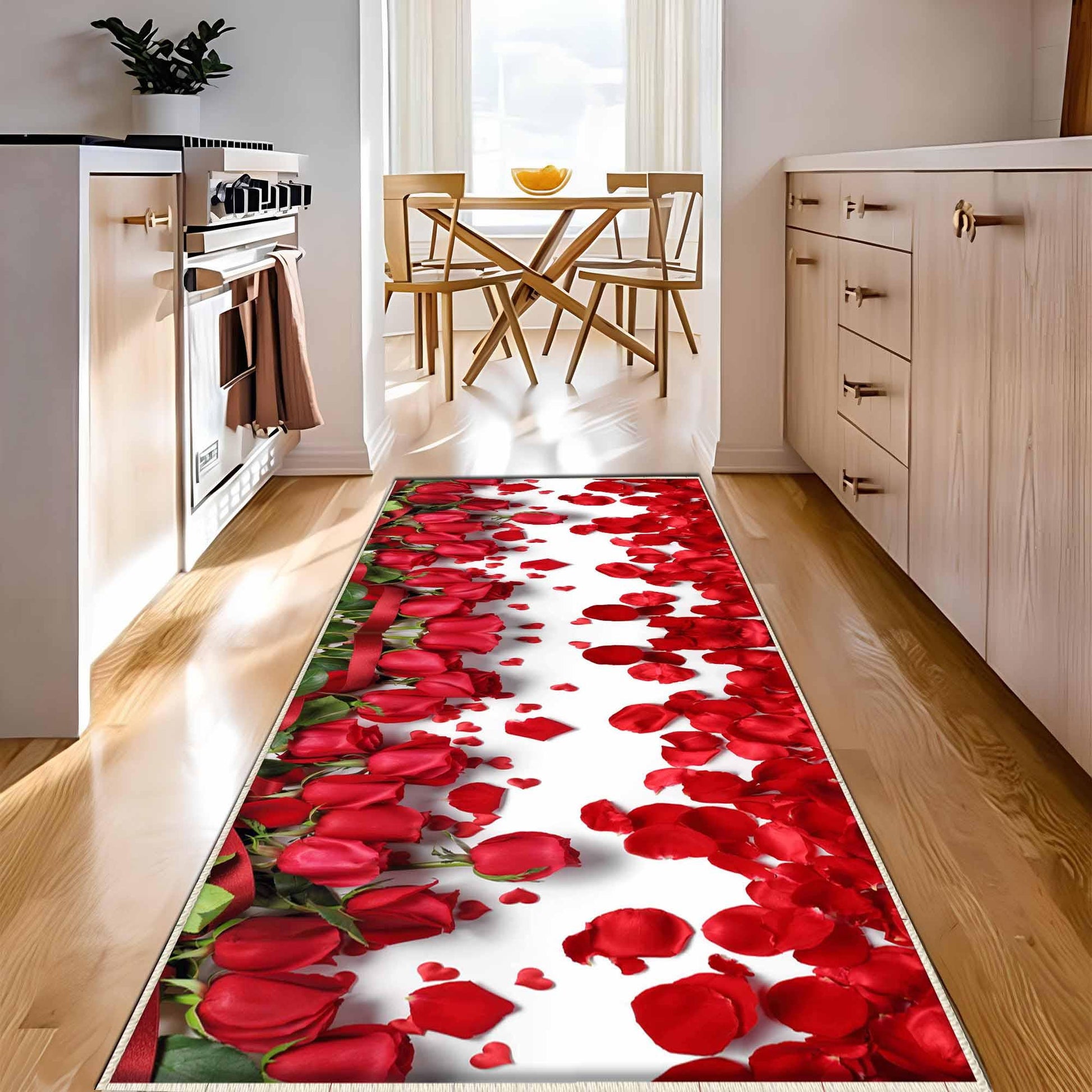 Red Roses Floral Flowers Theme Kitchen Runner Rug – Washable Non-Slip Floor Mat, Modern Floral Home Decor Kitchen Mat