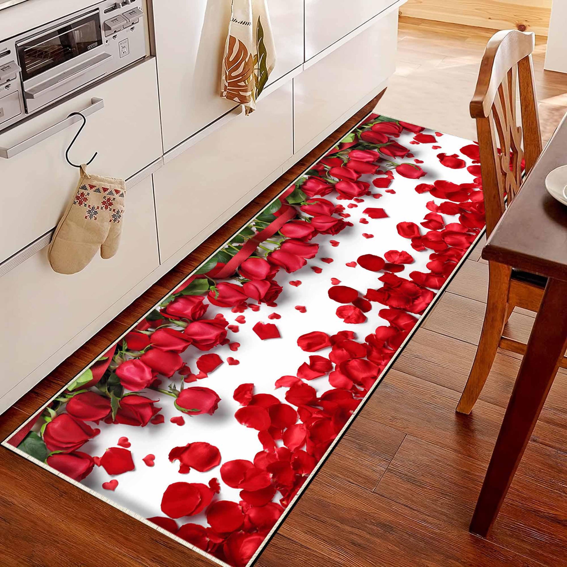 Red Roses Floral Flowers Theme Kitchen Runner Rug – Washable Non-Slip Floor Mat, Modern Floral Home Decor Kitchen Mat