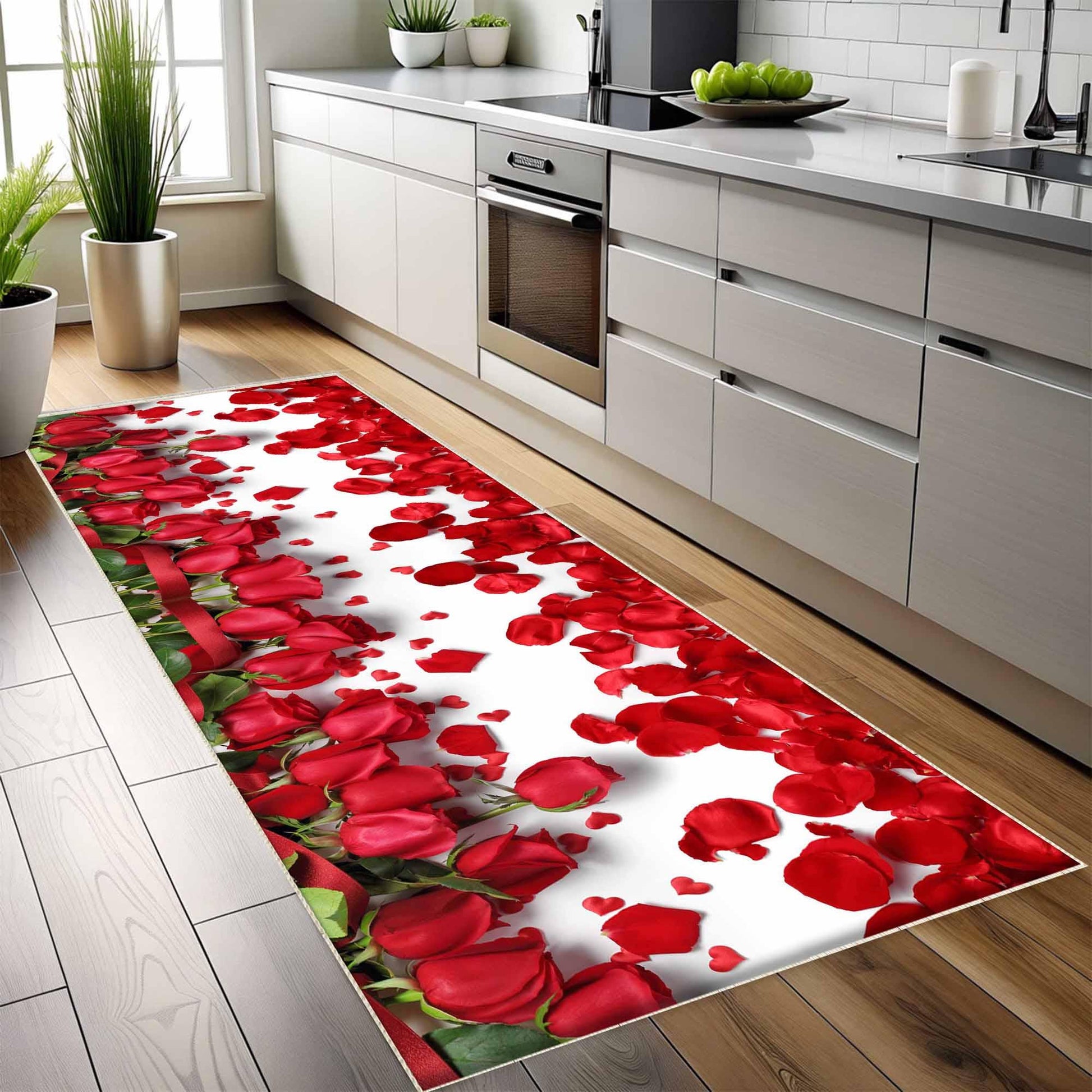 Red Roses Floral Flowers Theme Kitchen Runner Rug – Washable Non-Slip Floor Mat, Modern Floral Home Decor Kitchen Mat