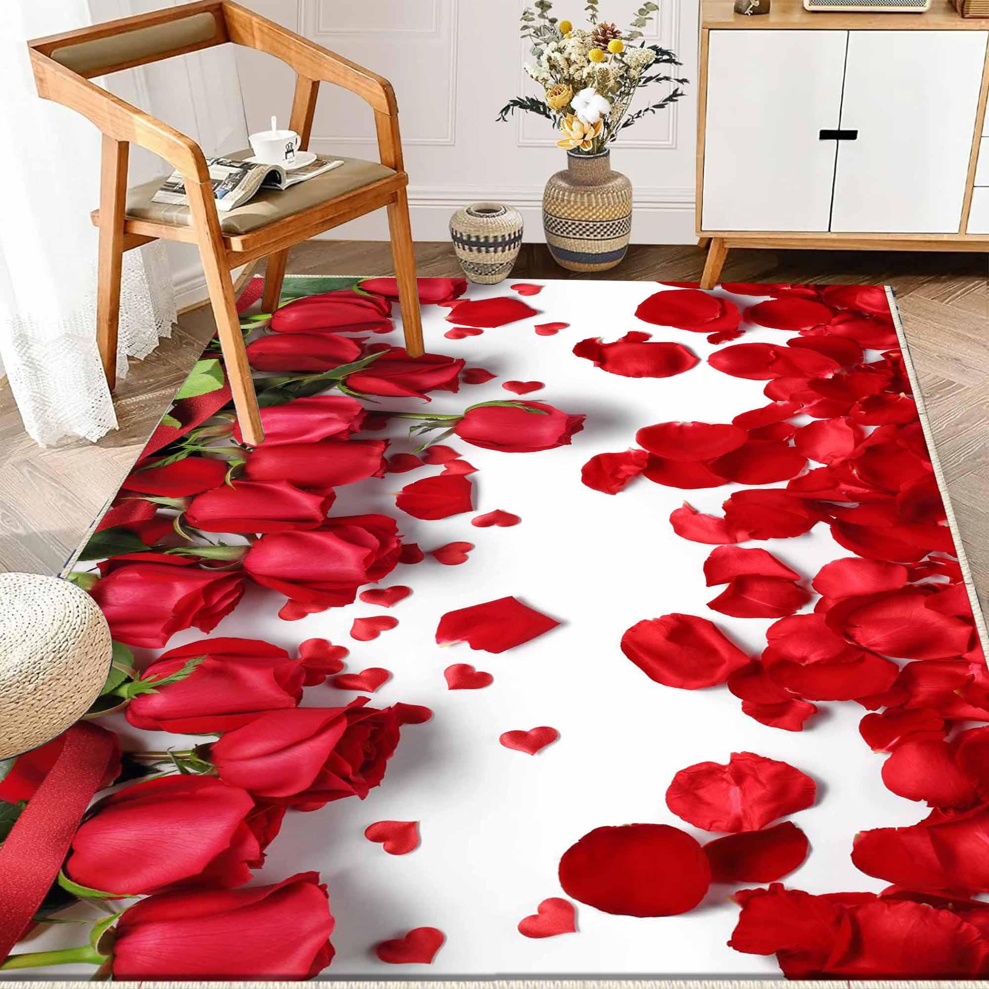 Red Roses Floral Flowers Theme Kitchen Runner Rug – Washable Non-Slip Floor Mat, Modern Floral Home Decor Kitchen Mat