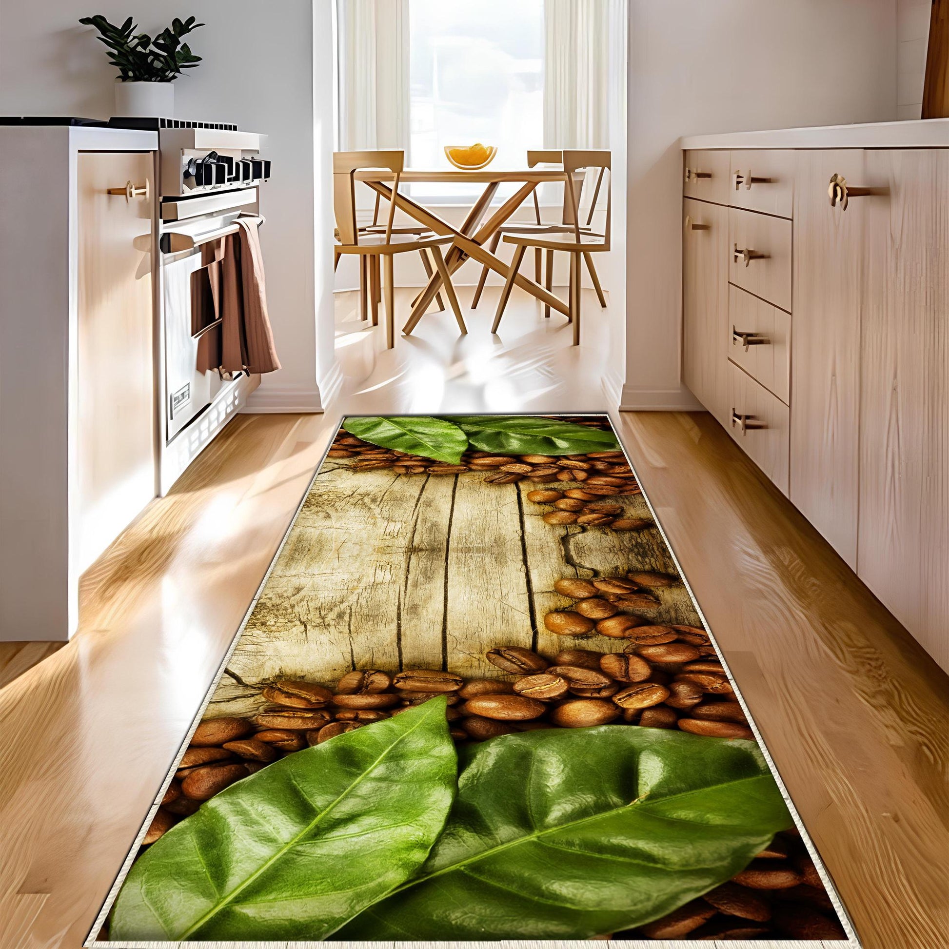 Coffee Beans Grean Leaves Kitchen Runner Rug, Non-Slip Washable Kitchen Floor Mat, Modern Home Decor Kitchen Rug, Coffee Lover Gift