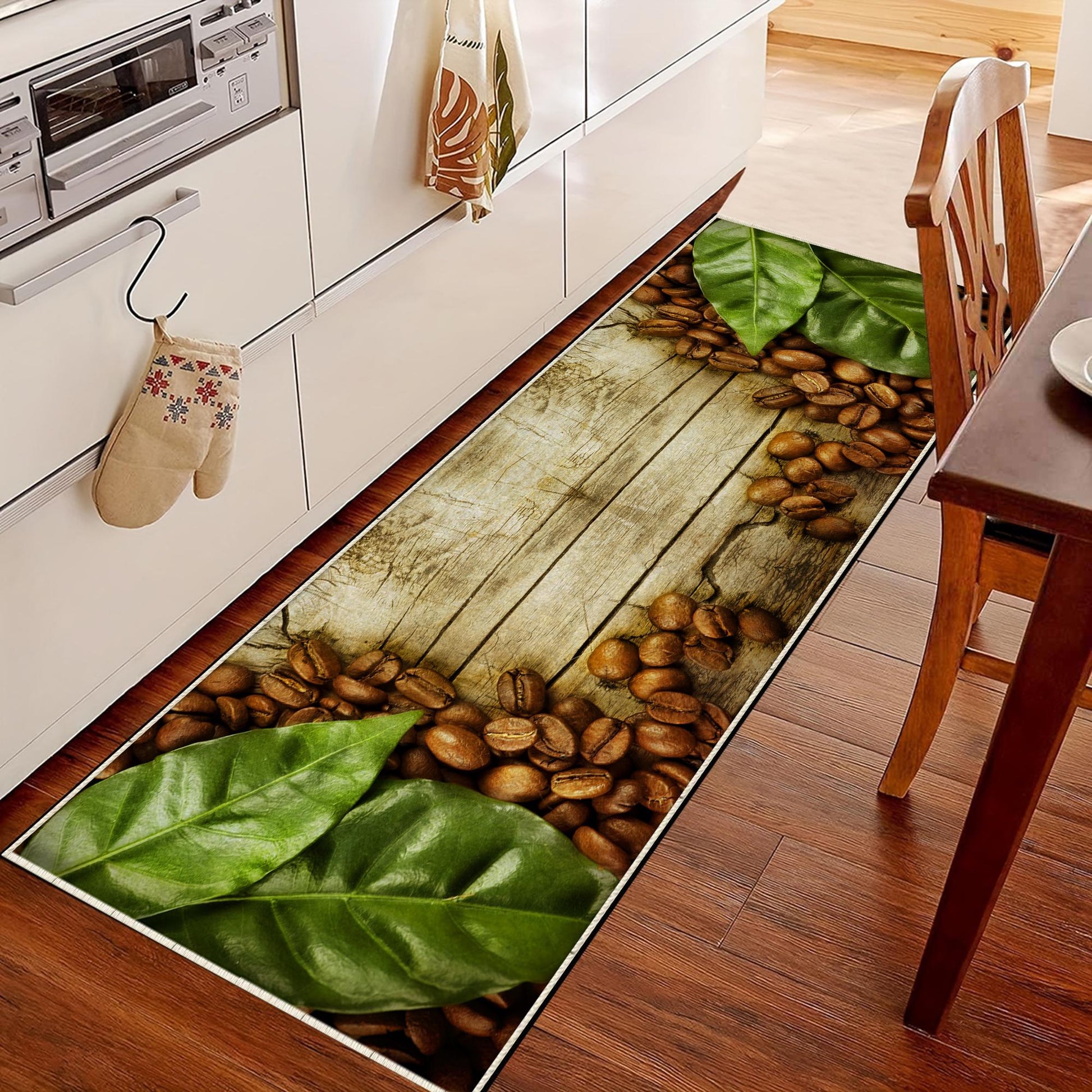 Coffee Beans Grean Leaves Kitchen Runner Rug, Non-Slip Washable Kitchen Floor Mat, Modern Home Decor Kitchen Rug, Coffee Lover Gift