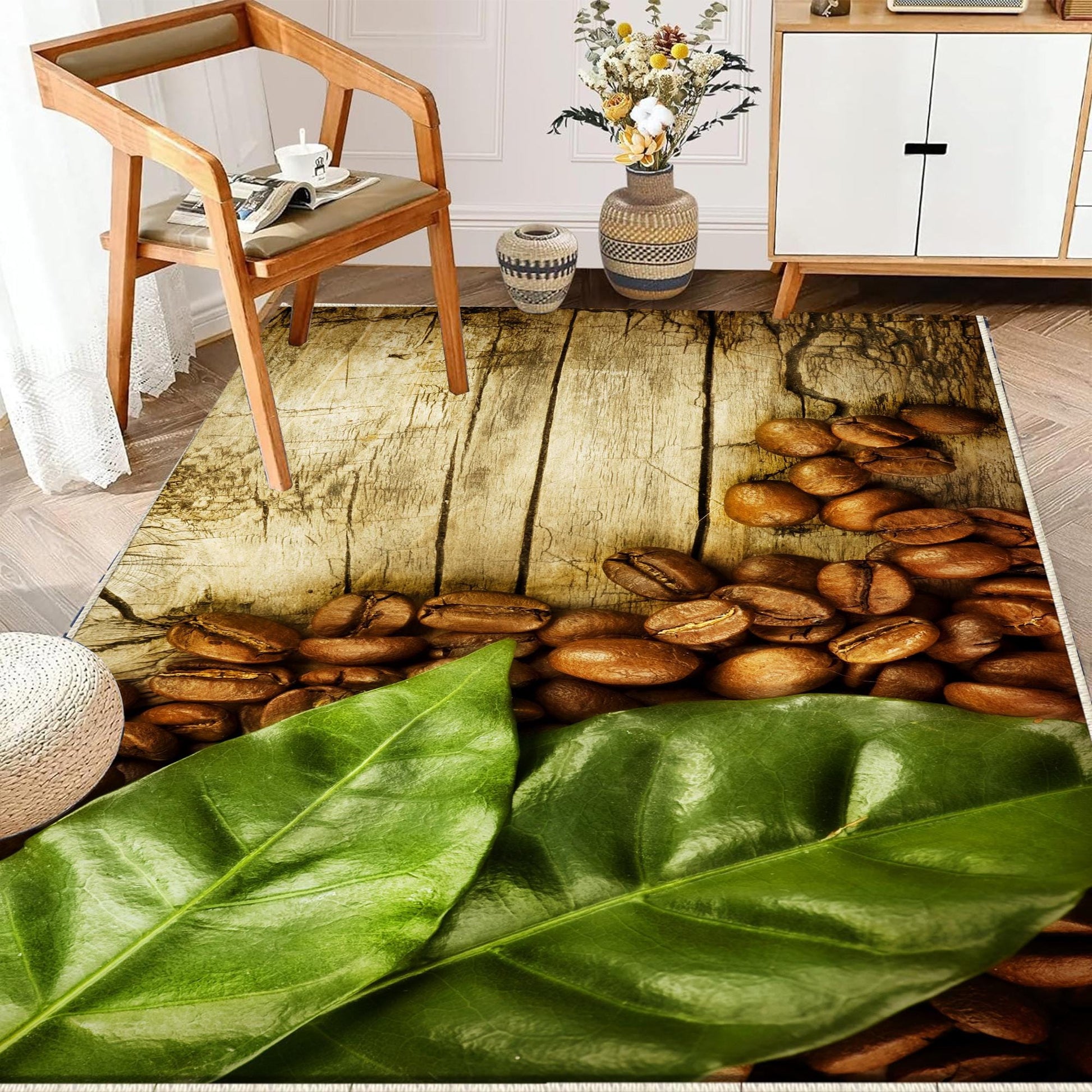 Coffee Beans Grean Leaves Kitchen Runner Rug, Non-Slip Washable Kitchen Floor Mat, Modern Home Decor Kitchen Rug, Coffee Lover Gift