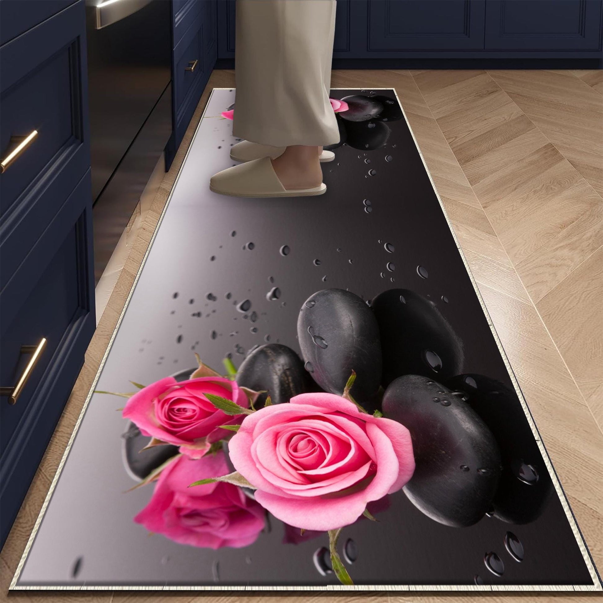 Pink Roses Spa Stone Kitchen Runner Rug - Washable, Non-Slip Floor Mat & Modern Home Decor