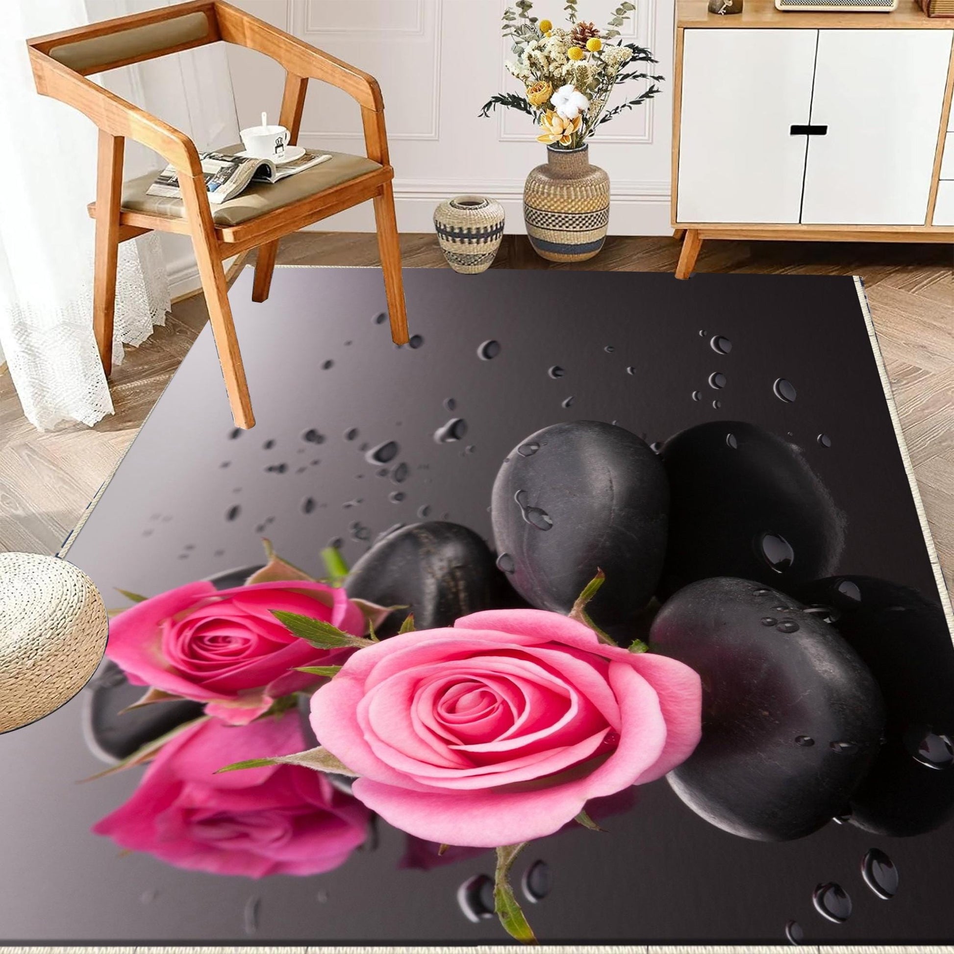 Pink Roses Spa Stone Kitchen Runner Rug - Washable, Non-Slip Floor Mat & Modern Home Decor